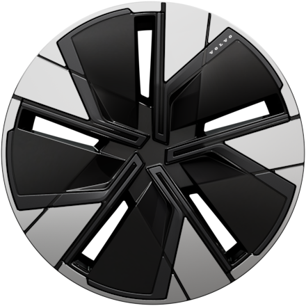 Icon of a Volvo wheel rim with a futuristic, geometric, black and white multi-spoke design.