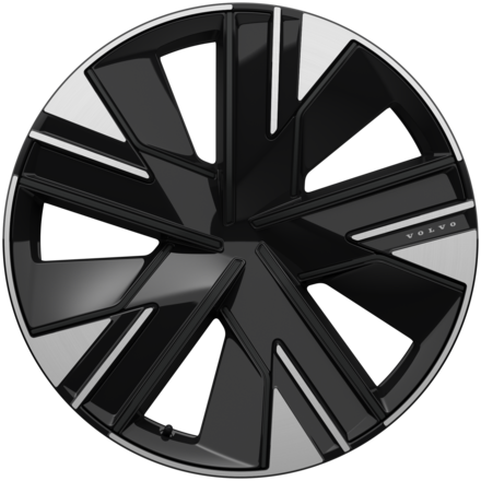 Black and silver geometric rim with prominent angular design and subtle Volvo branding.