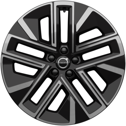 Silver and black five-spoke wheel rim icon featuring modern, angular design elements.