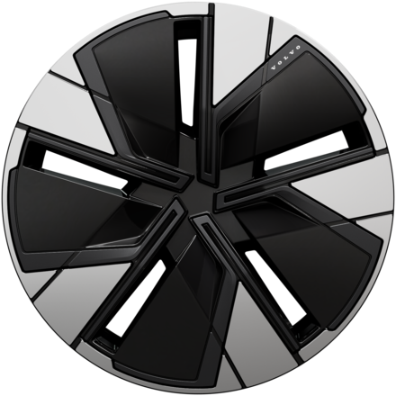 Icon of a Volvo wheel rim with a futuristic, geometric, black and white multi-spoke design.