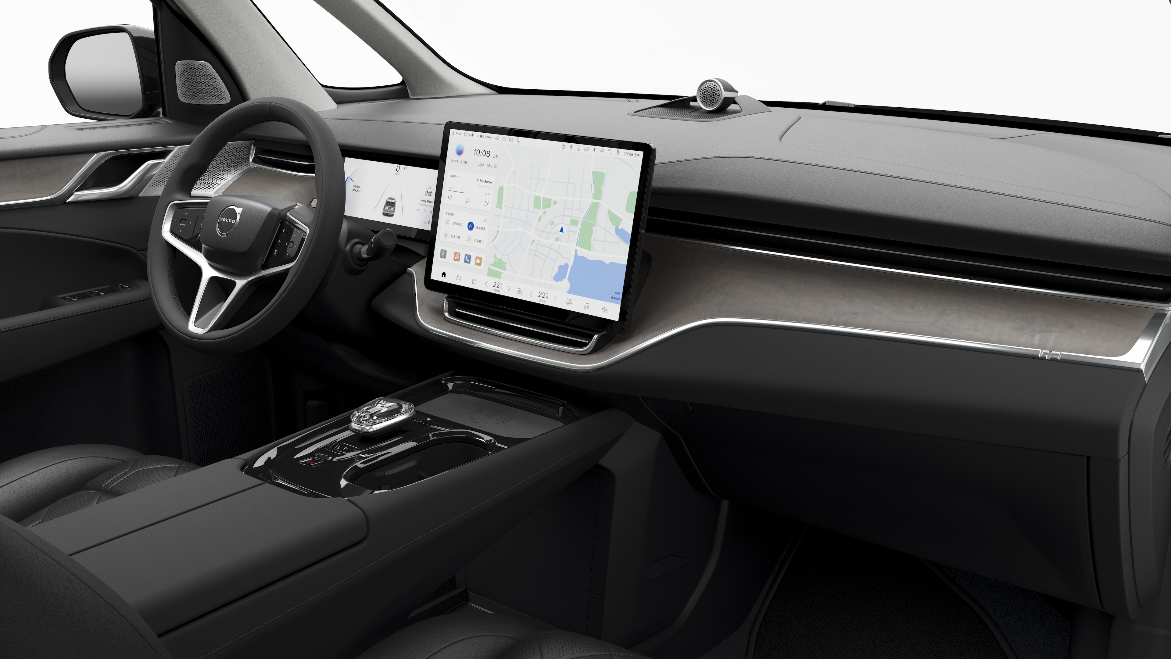 Interior view of a Volvo car showing the dashboard, steering wheel, center console, and digital display screen in a plain studio background.
