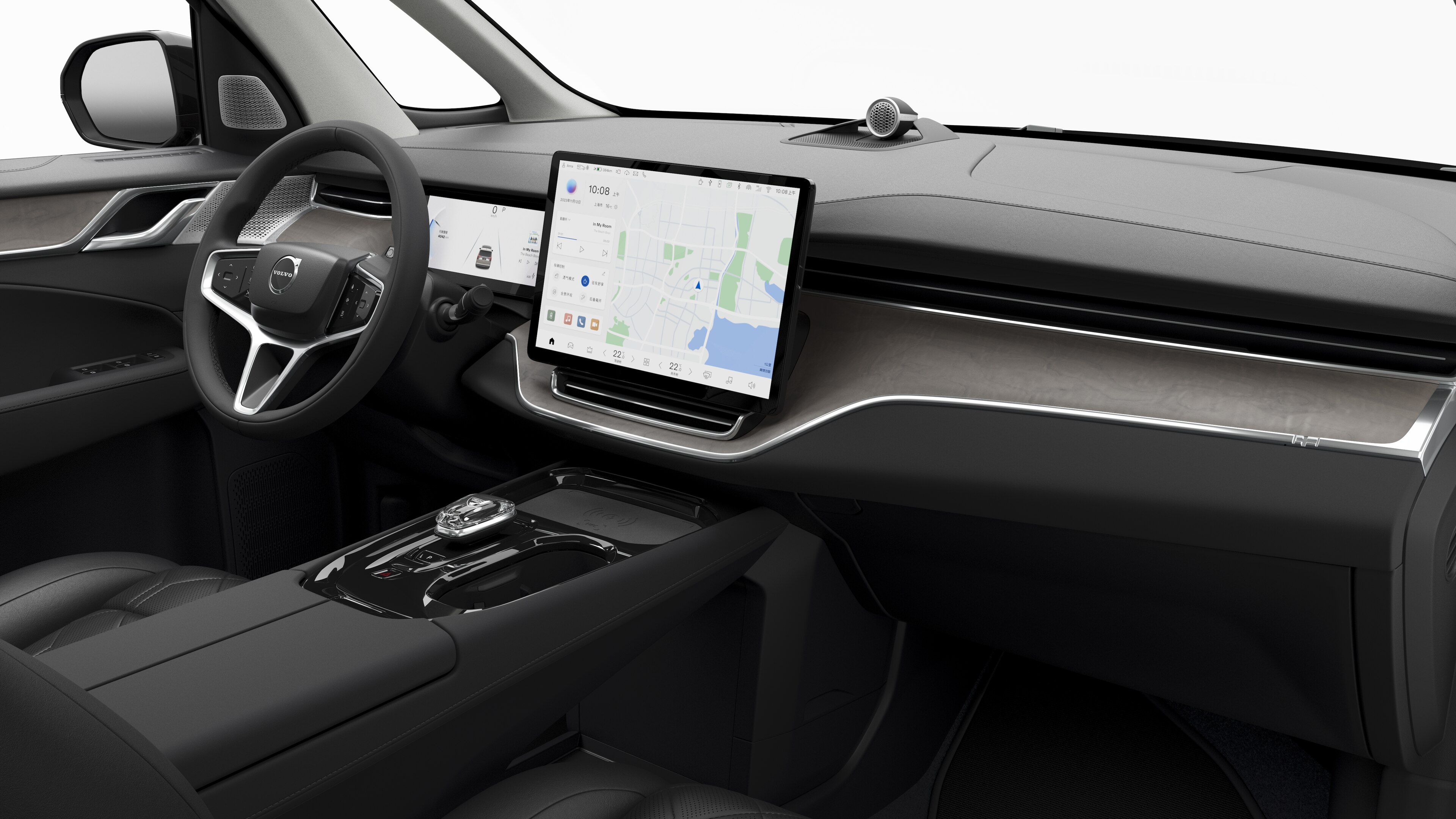 Interior view of a Volvo car showing the dashboard, steering wheel, center console, and digital display screen in a plain studio background.