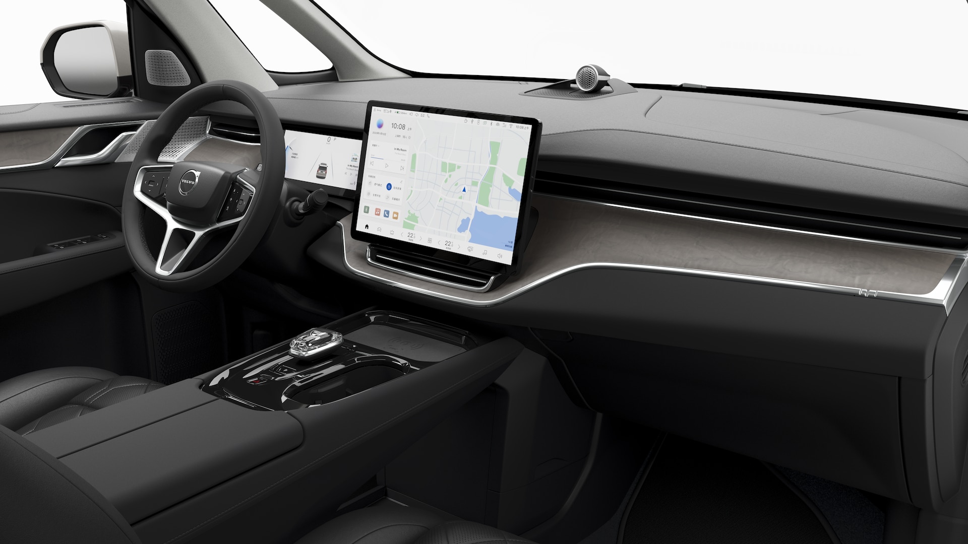 Interior view of a Volvo car showing the dashboard, steering wheel, center console, and digital display screen in a plain studio background.