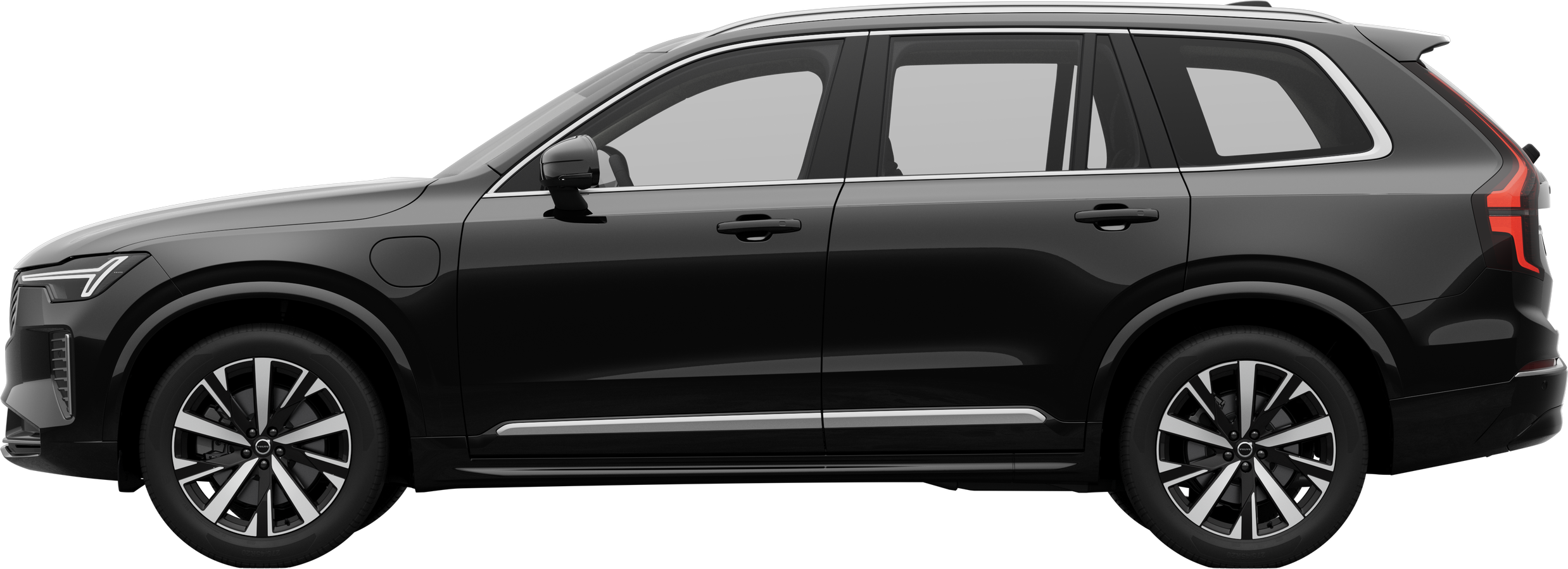 Vista lateral de un vehículo Volvo estacionado sobre un fondo de estudio liso, que muestra el elegante perfil y el diseño general del vehículo.