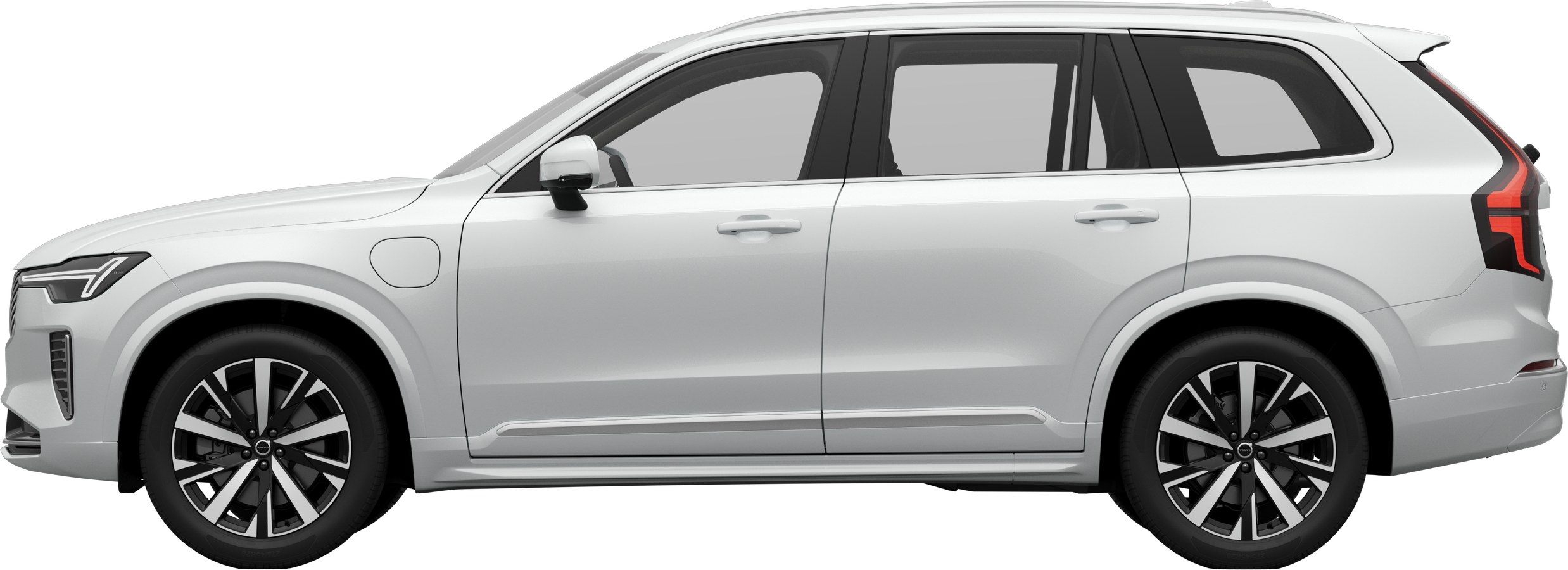 Side view of a Volvo car parked against a plain studio background, showcasing the vehicle's overall sleek profile and design.