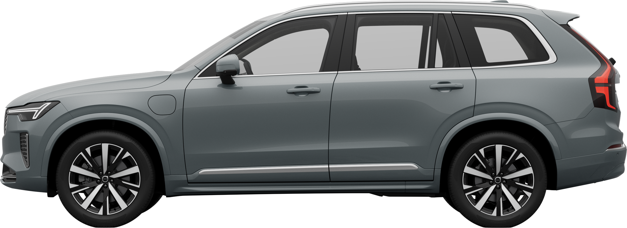Side view of a Volvo car parked against a plain studio background, showcasing the vehicle's overall sleek profile and design.