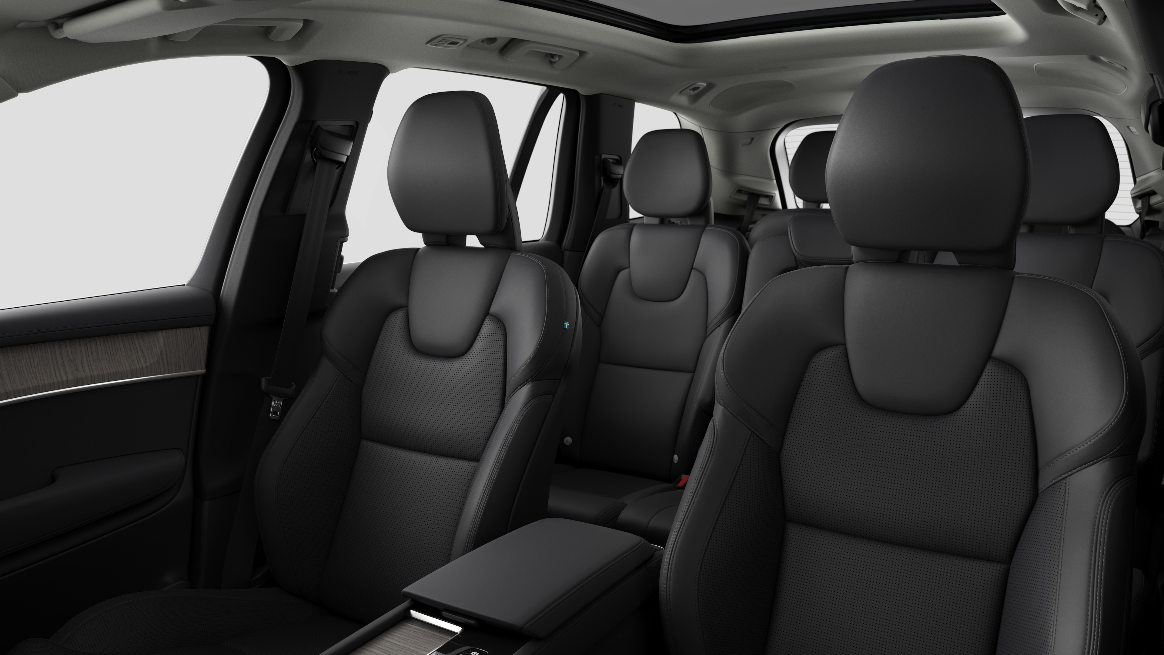 Volvo 汽車內裝顯示後排乘客座椅和中控台的普通工作室背景。