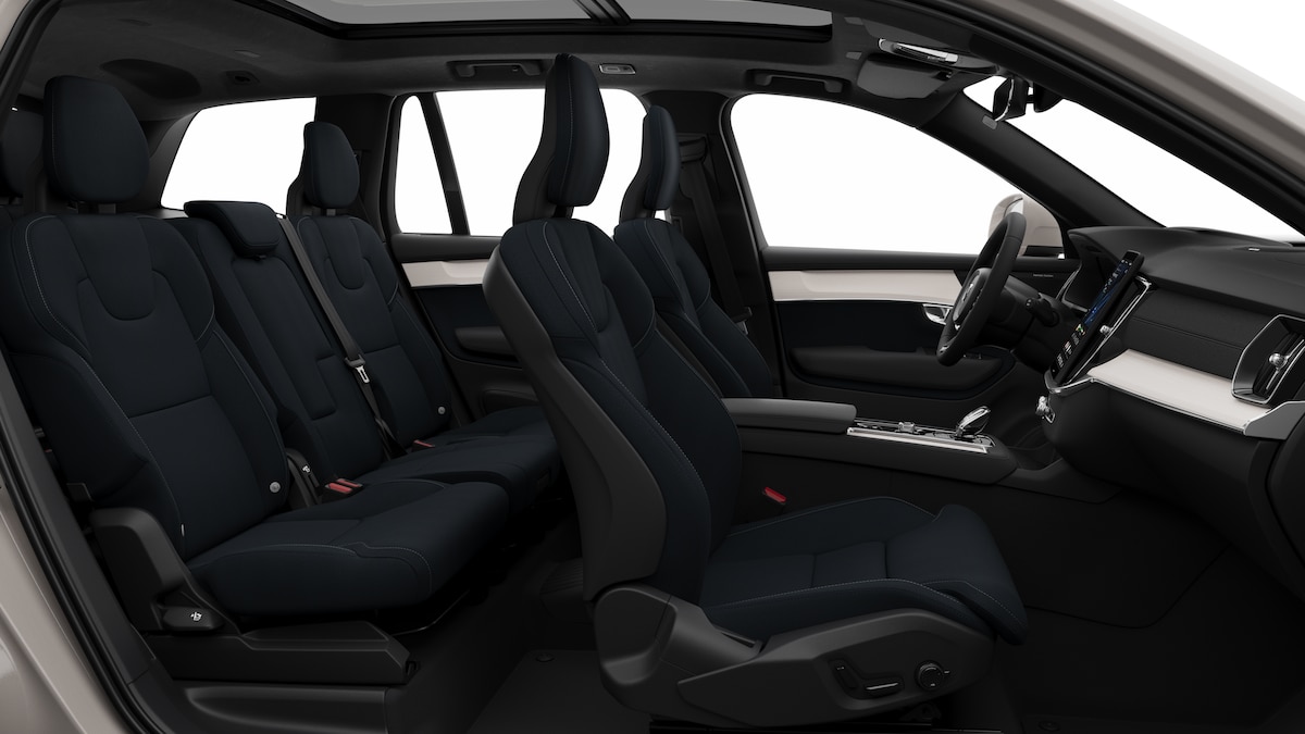 Volvo XC90 Plug In Hybrid Bright Navy Herringbone Weave textiel in Charcoal interieur