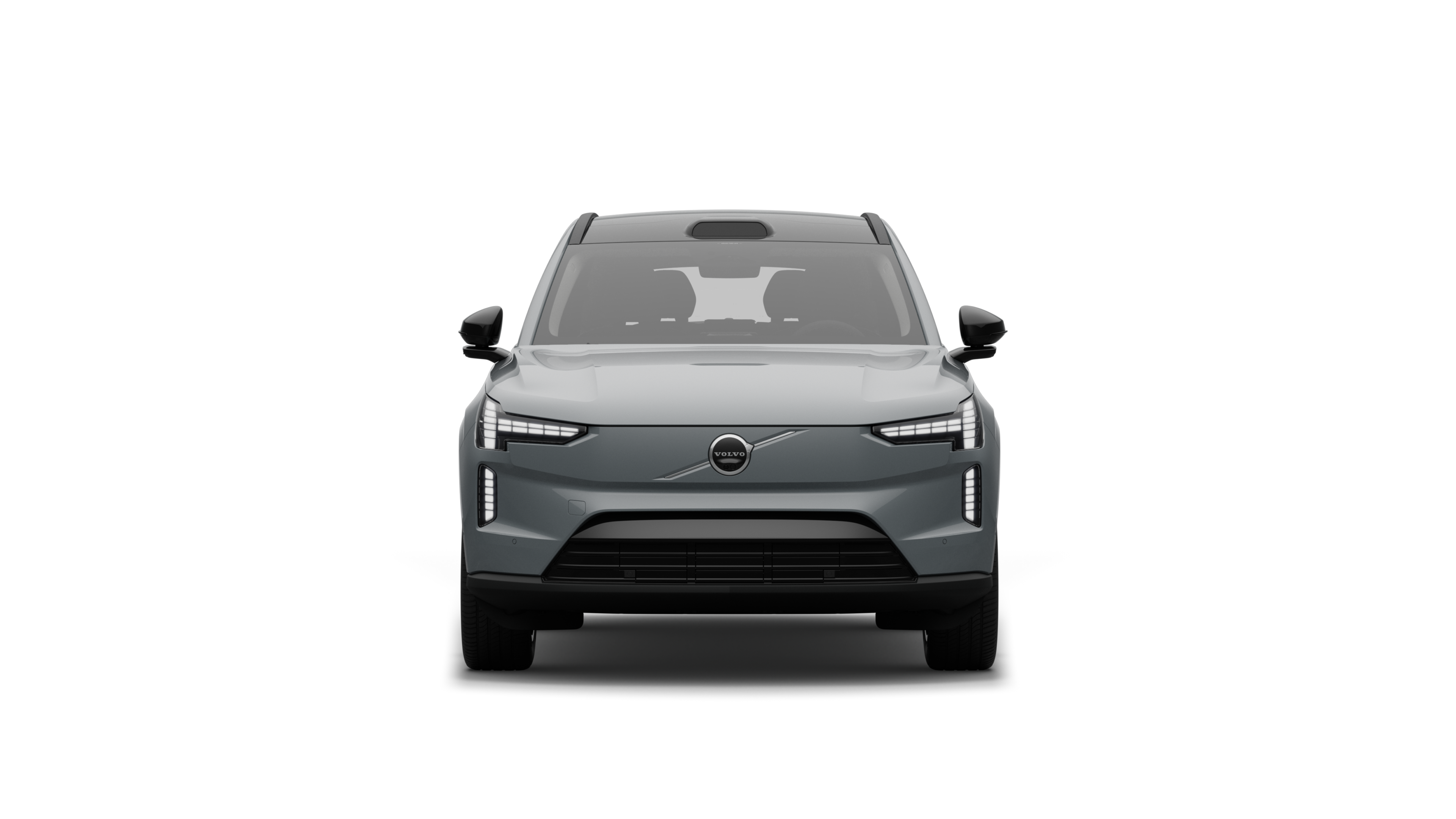 Vista frontal de um automóvel Volvo num fundo de estúdio simples.
