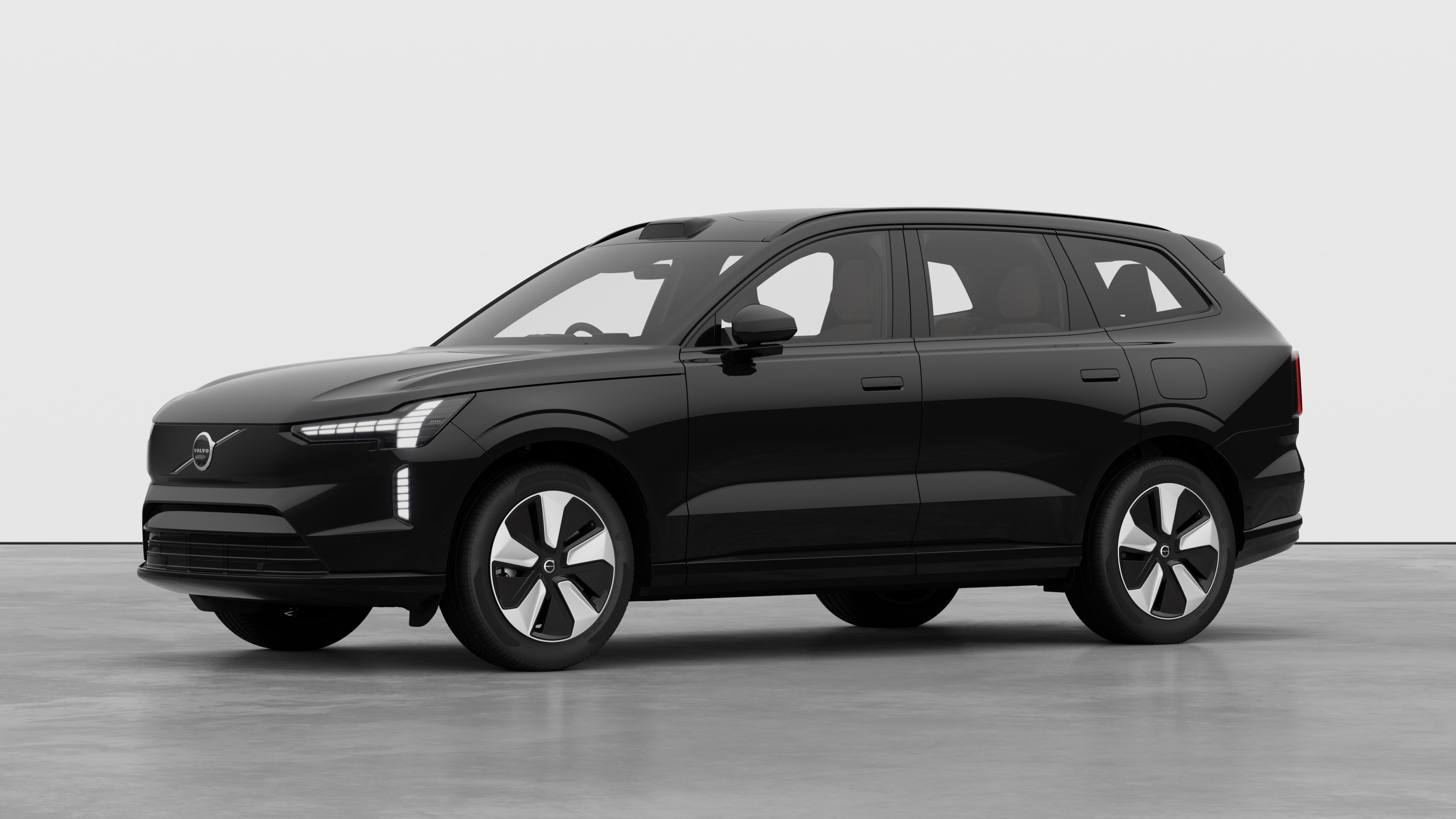 Volvo car exterior in three-quarter view, plain studio background.