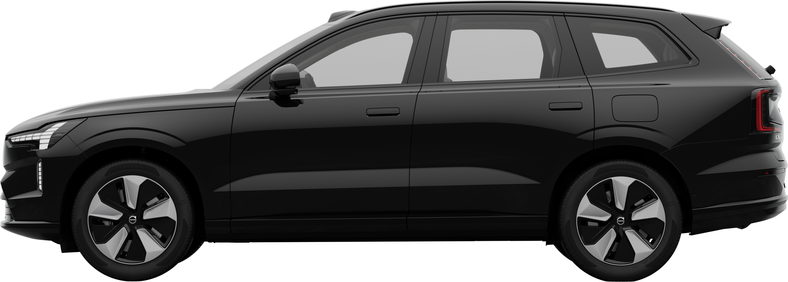 Side view of a Volvo car parked against a plain studio background, showcasing the vehicle's overall sleek profile and design.