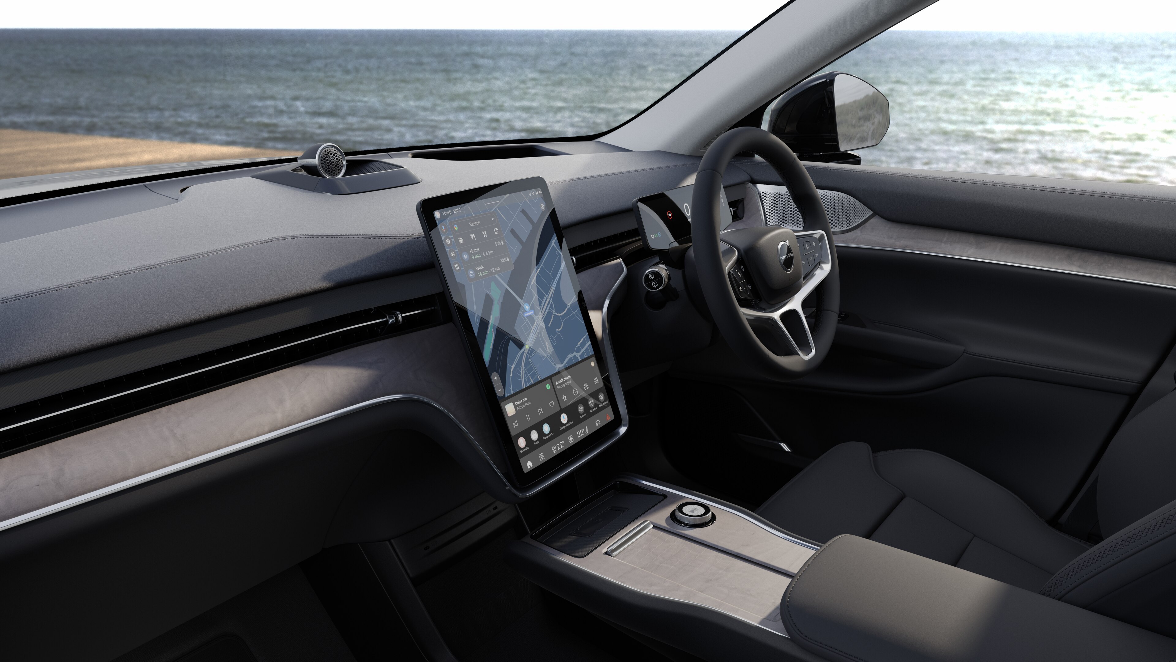 Volvo car interior showing dashboard, steering wheel, and center console with digital display in an open road background.