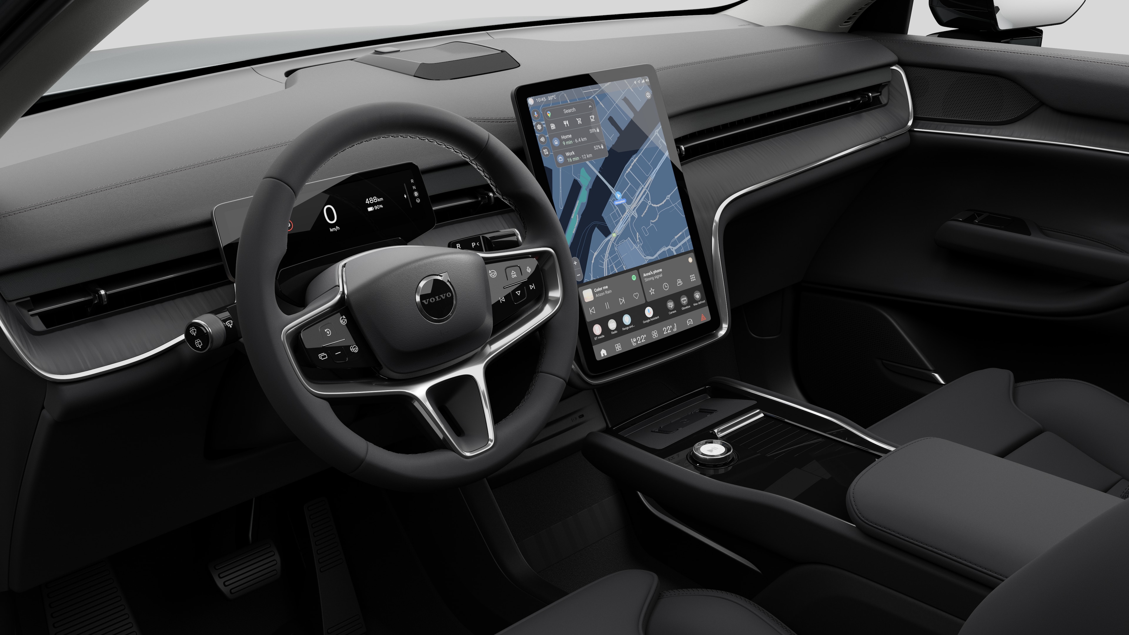 Wnętrze samochodu Volvo z deską rozdzielczą, kierownicą, konsolą środkową i cyfrowym wyświetlaczem na prostym tle studia
