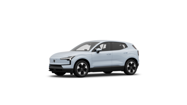 Εξωτερική άποψη τριών τετάρτων ενός αυτοκινήτου Volvo σε απλό φόντο στούντιο.