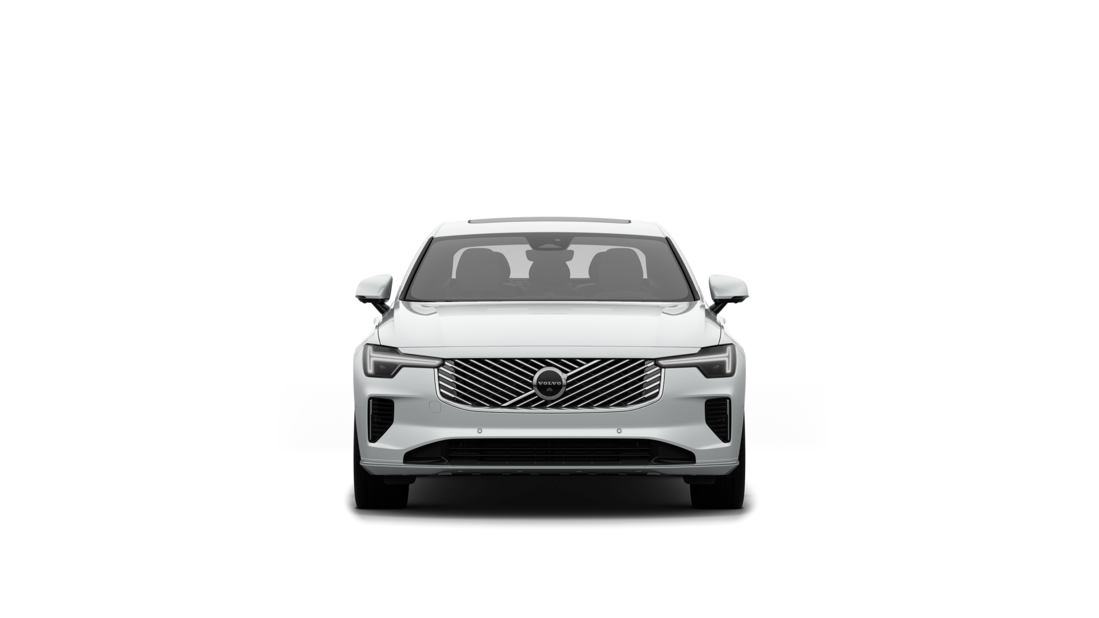 평범한 스튜디오 배경에 있는 볼보 자동차의 정면 모습.