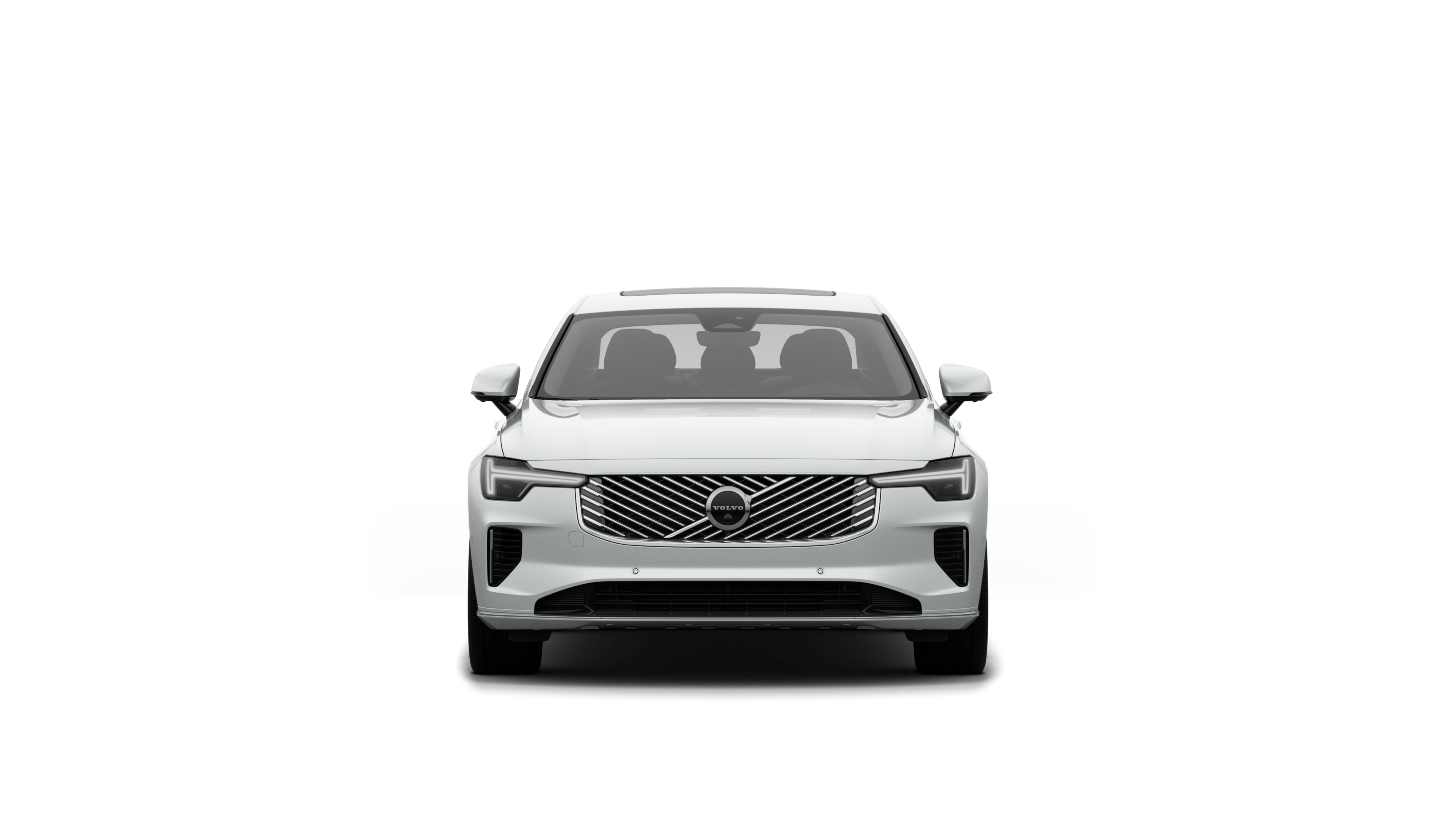 평범한 스튜디오 배경에 있는 볼보 자동차의 정면 모습.