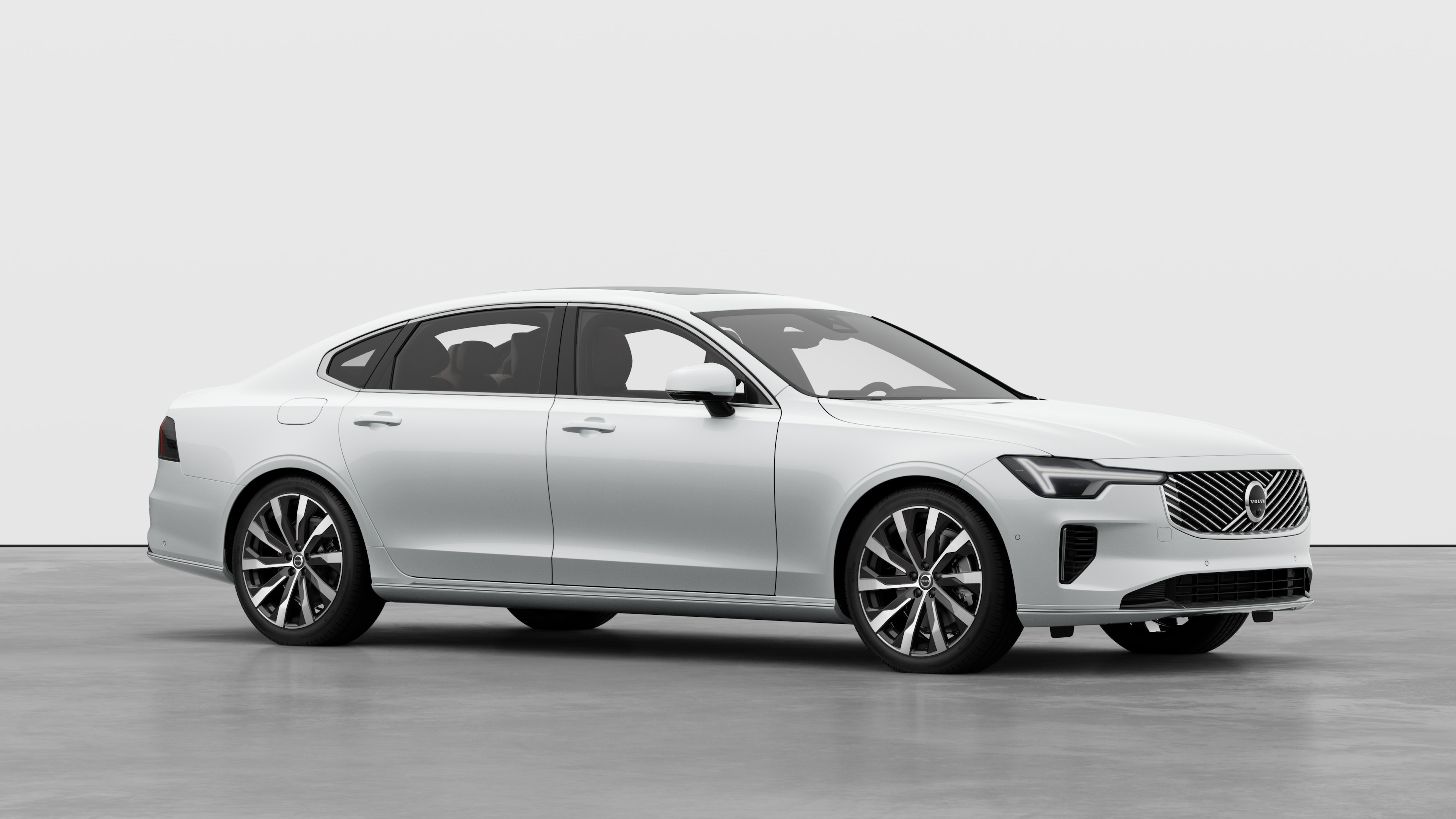 볼보 자동차 외관, 평범한 스튜디오 배경의 3/4 뷰.