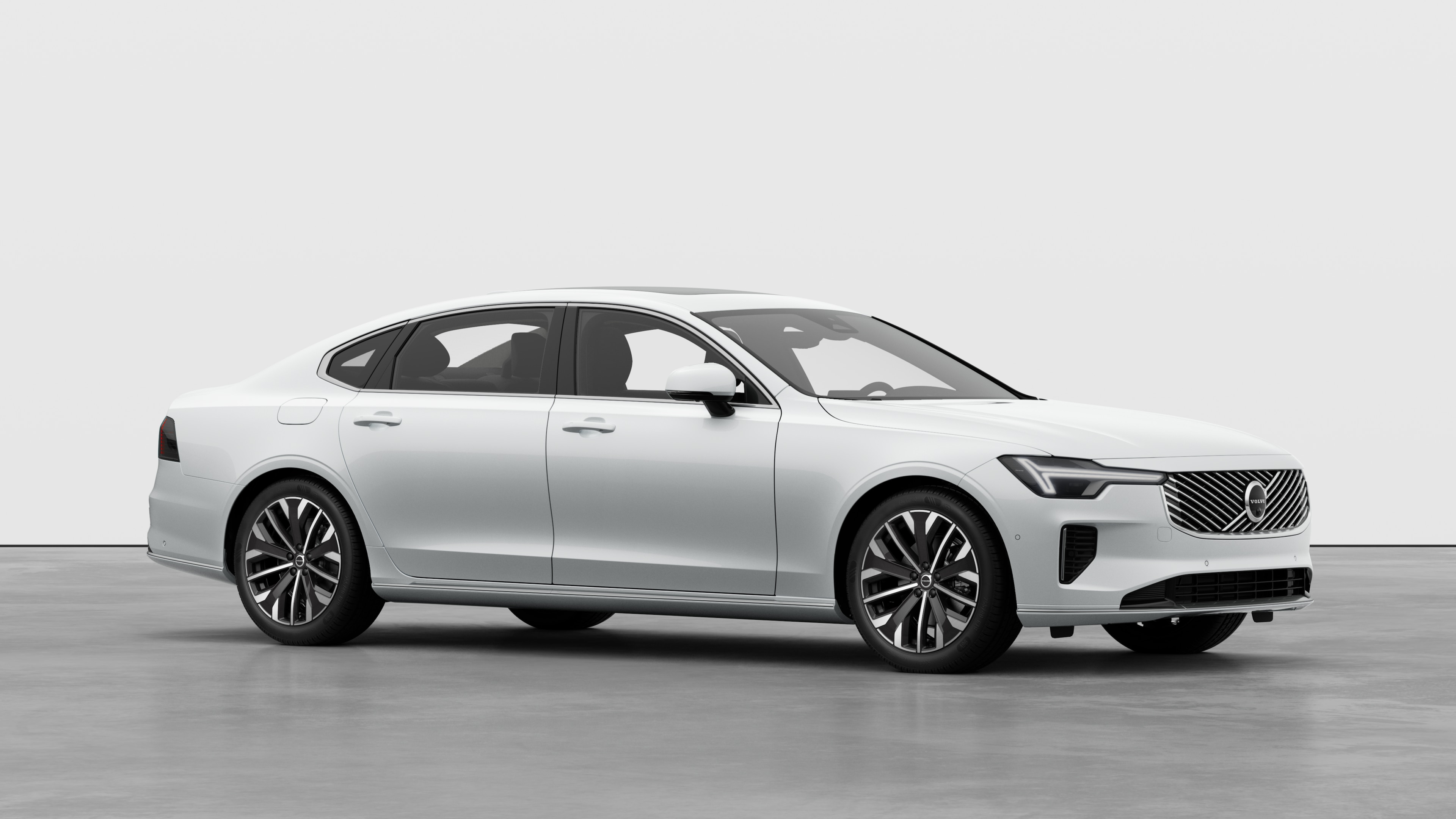 볼보 자동차 외관, 평범한 스튜디오 배경의 3/4 뷰.