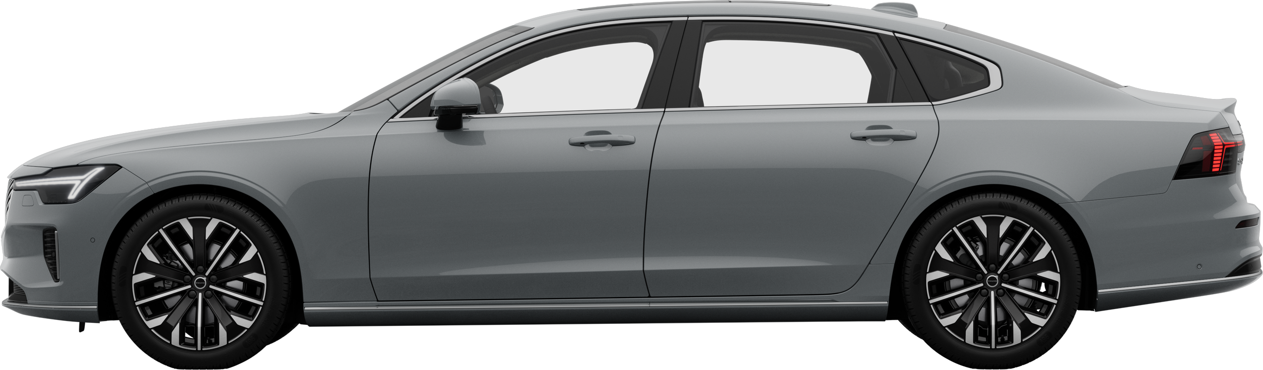 Side view of a Volvo car parked against a plain studio background, showcasing the vehicle's overall sleek profile and design.