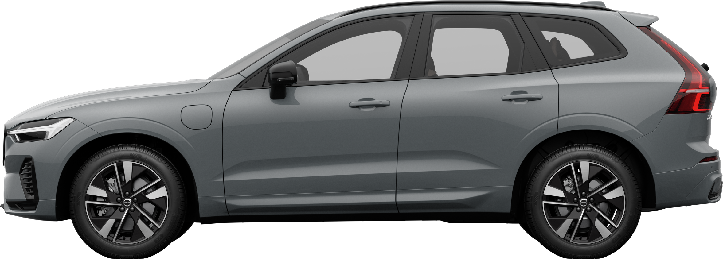 Side view of a Volvo car parked against a plain studio background, showcasing the vehicle's overall sleek profile and design.