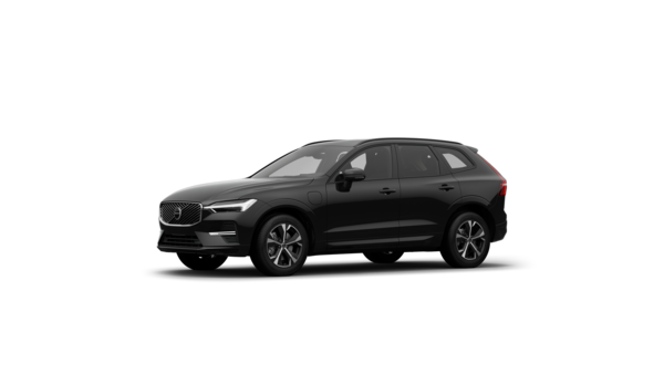 Vista exterior de três quartos do automóvel Volvo num fundo de estúdio simples.