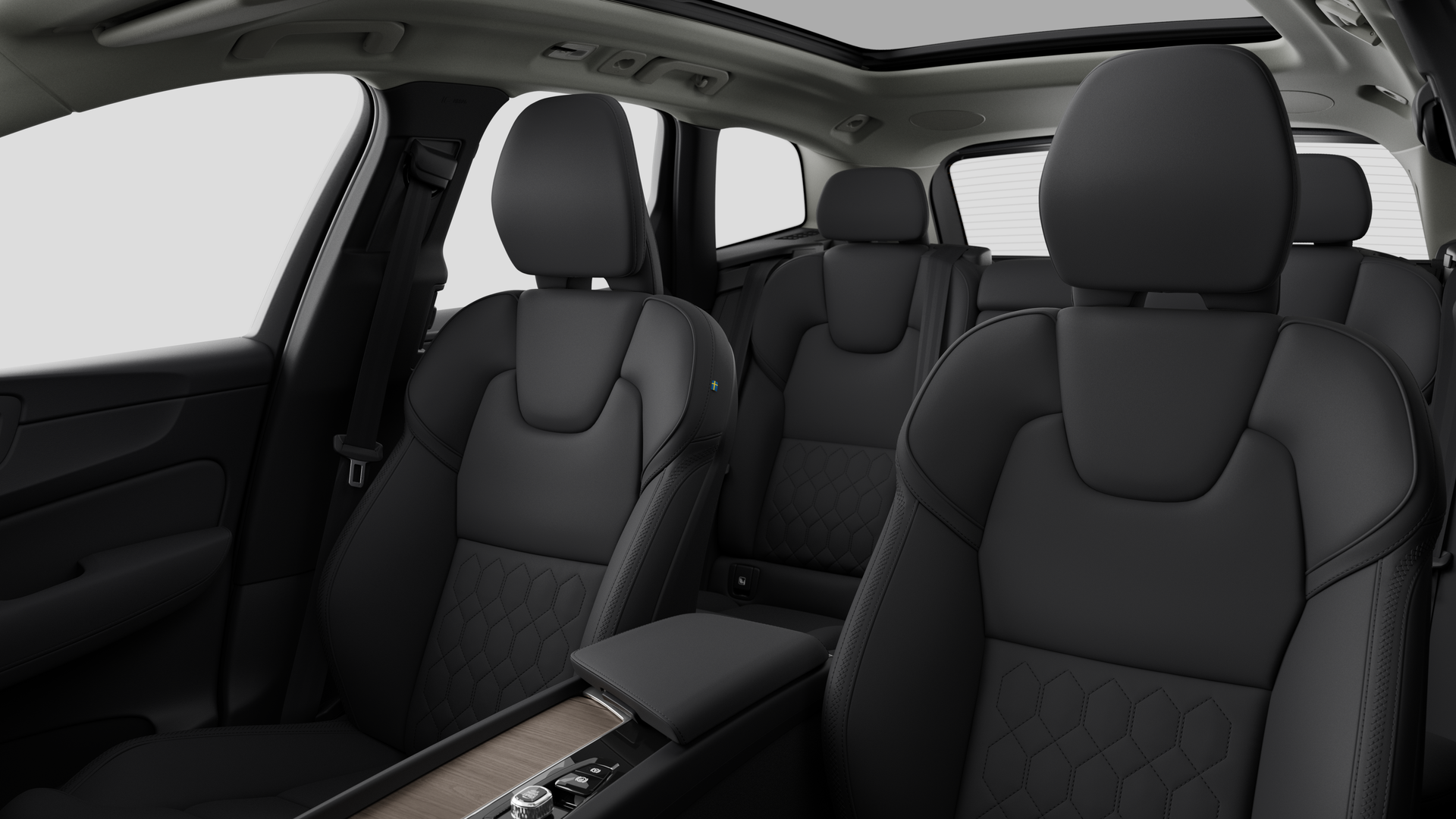 Innanrými Volvo-bíls sem sýnir farþegasæti og miðstokk í stúdíói.