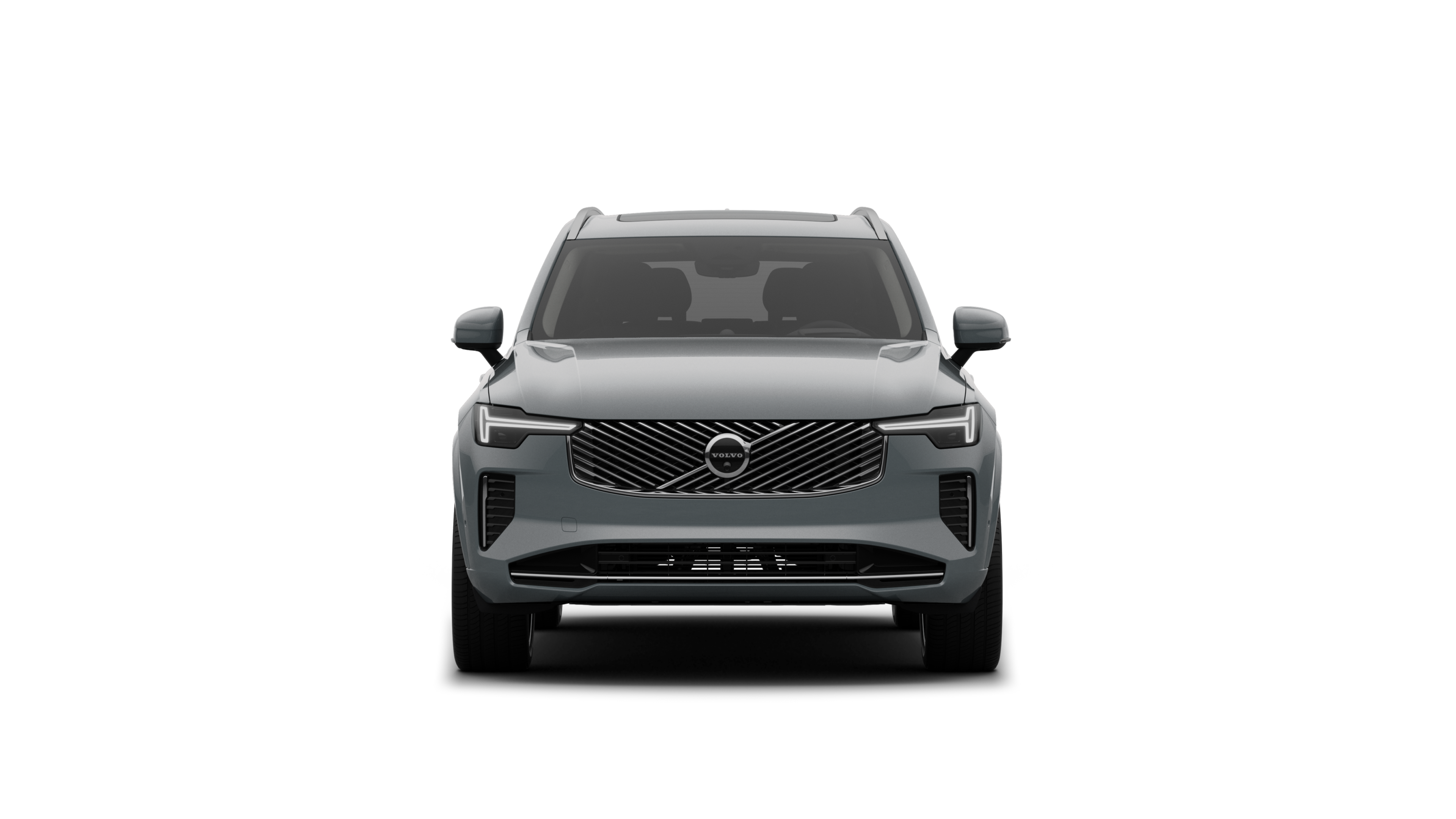 صورة أمامية لسيارة فولفو في خلفية استوديو عادية.