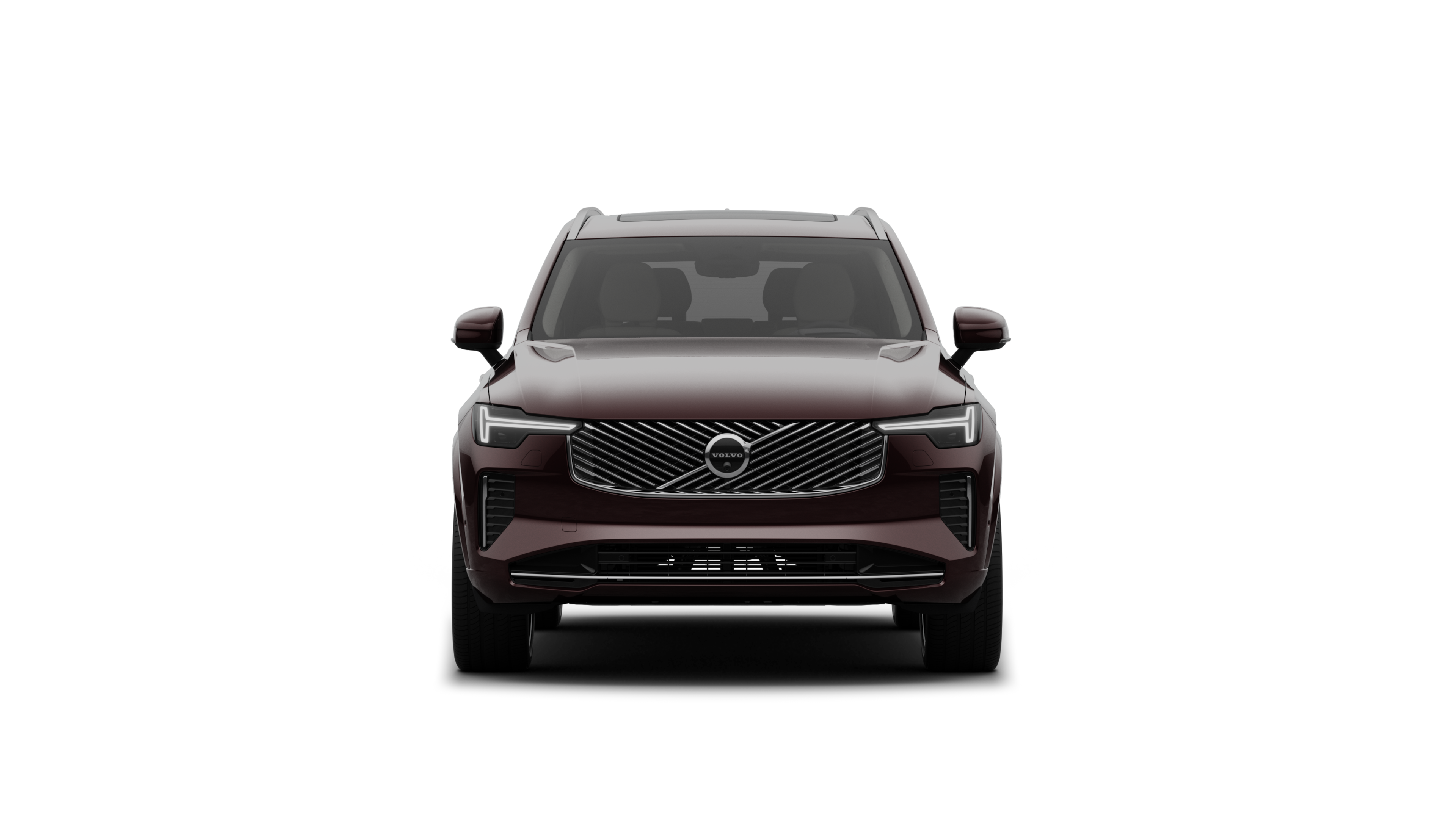 Vy framifrån av en Volvobil i en vanlig studiobakgrund.