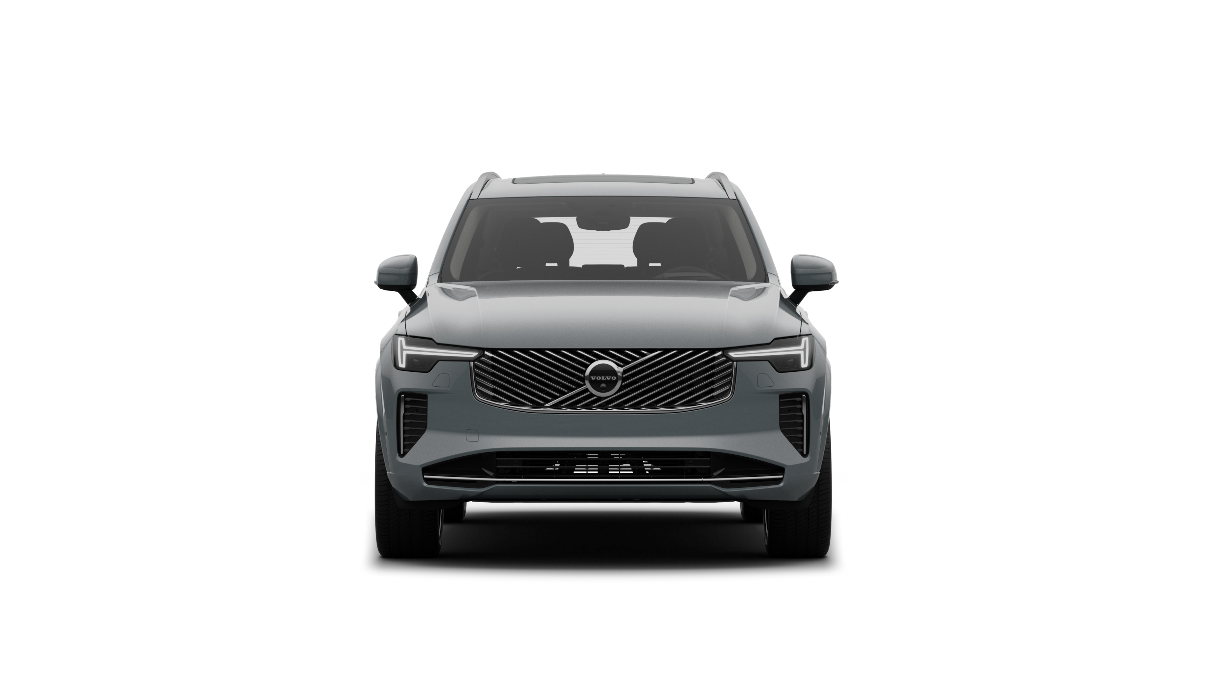 Vy framifrån av en Volvobil i en vanlig studiobakgrund.
