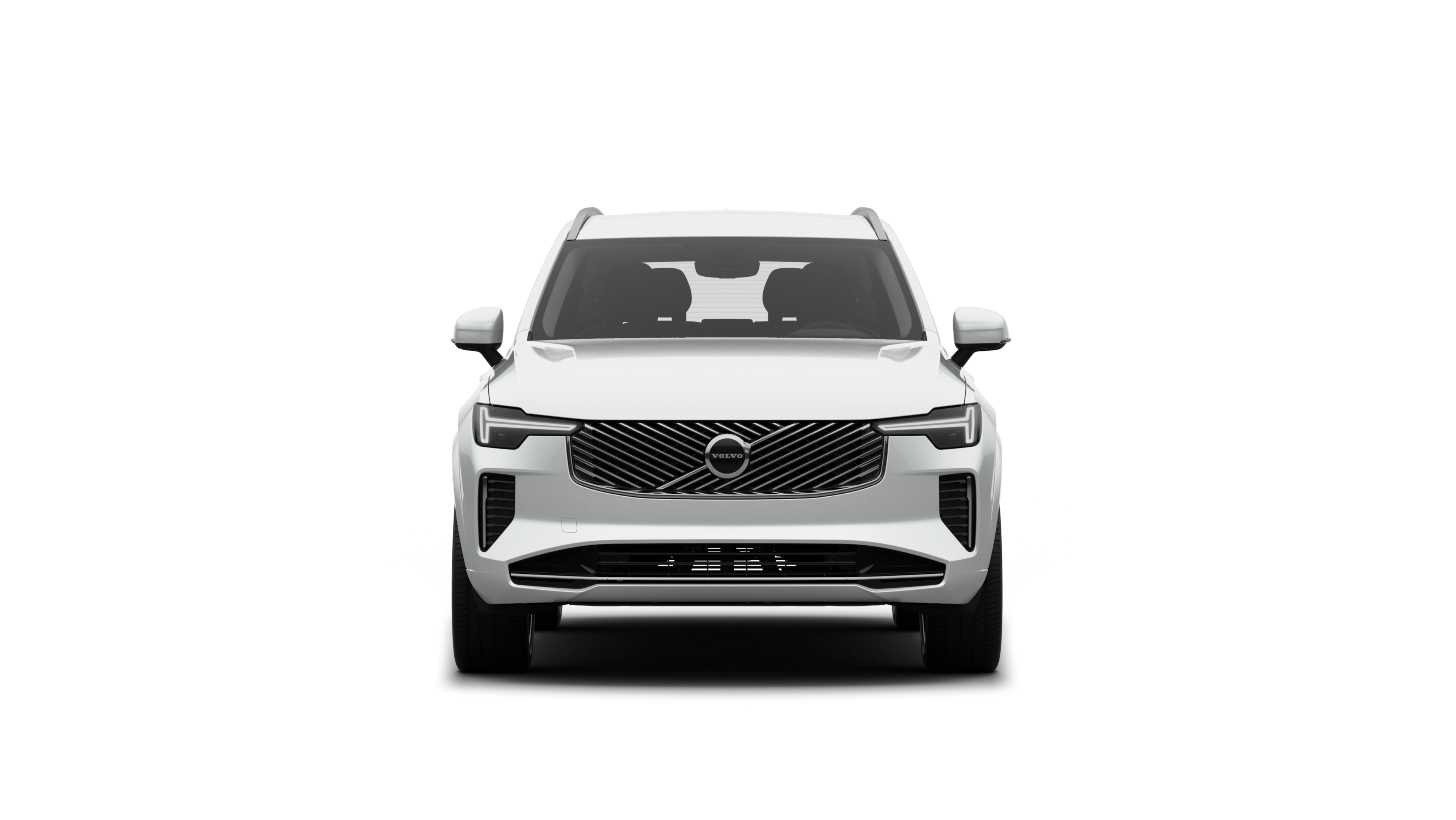 Vista frontal de um automóvel Volvo num fundo de estúdio simples.