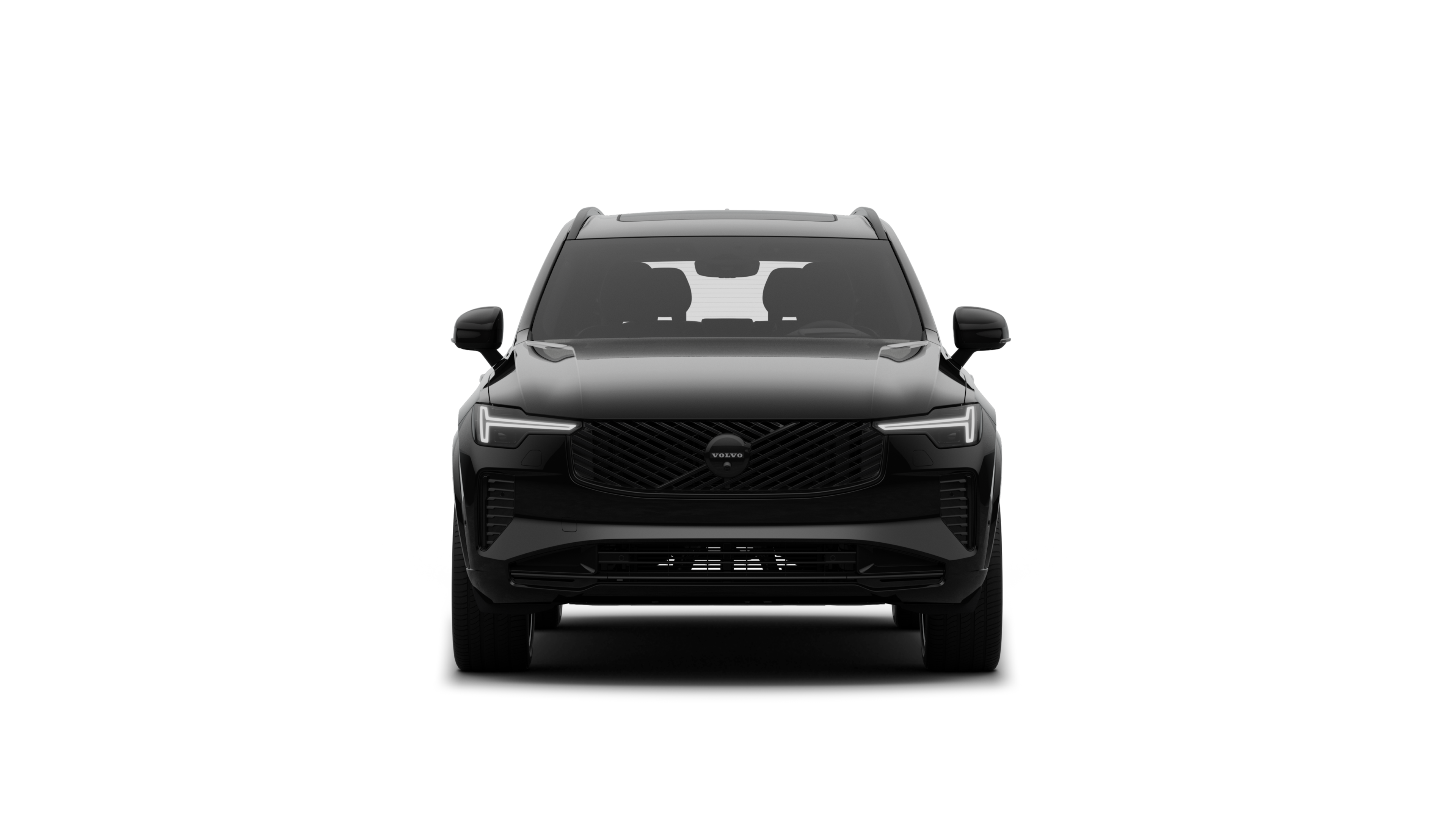 Vorderansicht eines Volvo Fahrzeugs in einem schlichten Studiohintergrund.