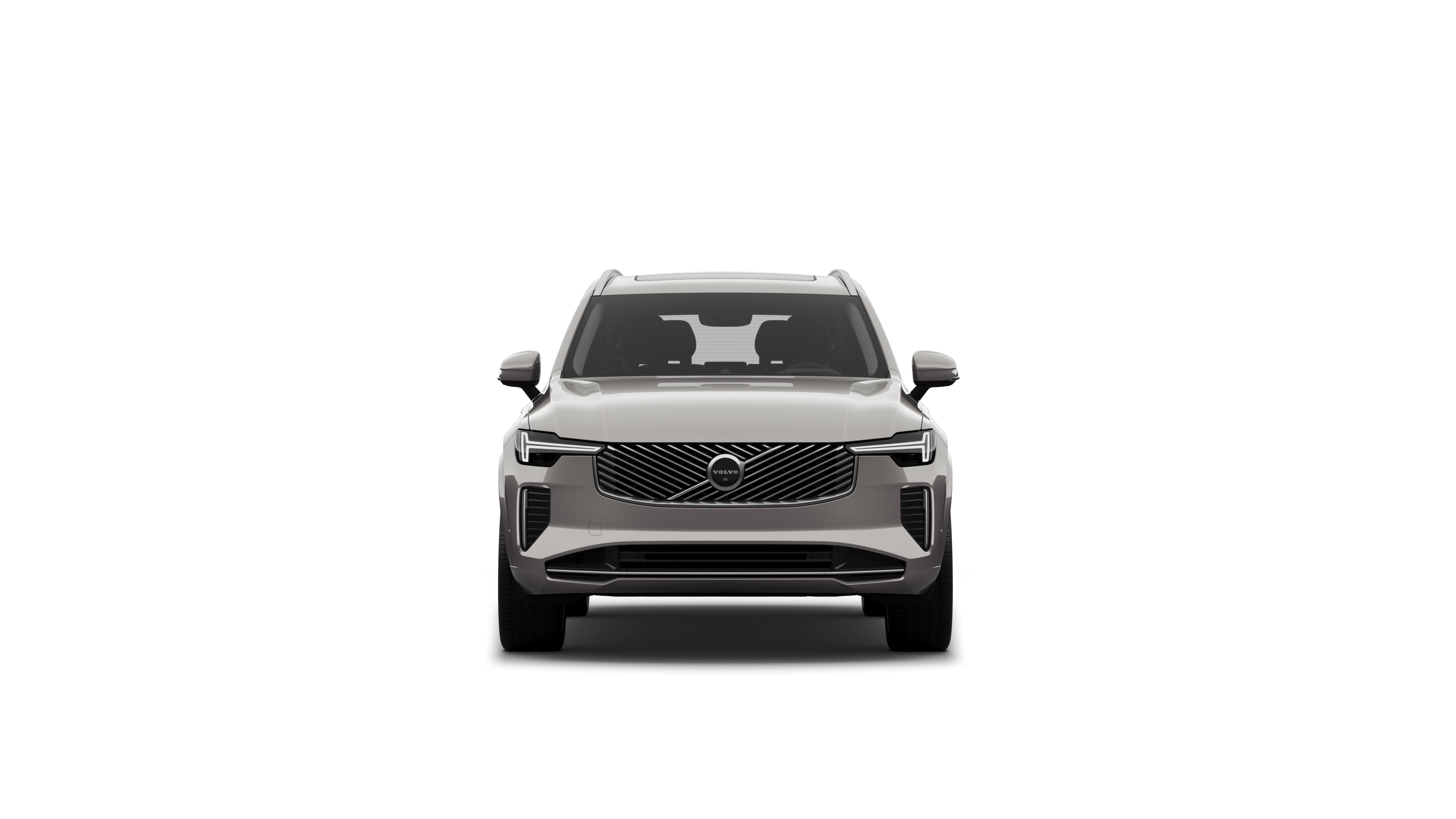 普通展示中心背景中的 Volvo 汽車前視圖。