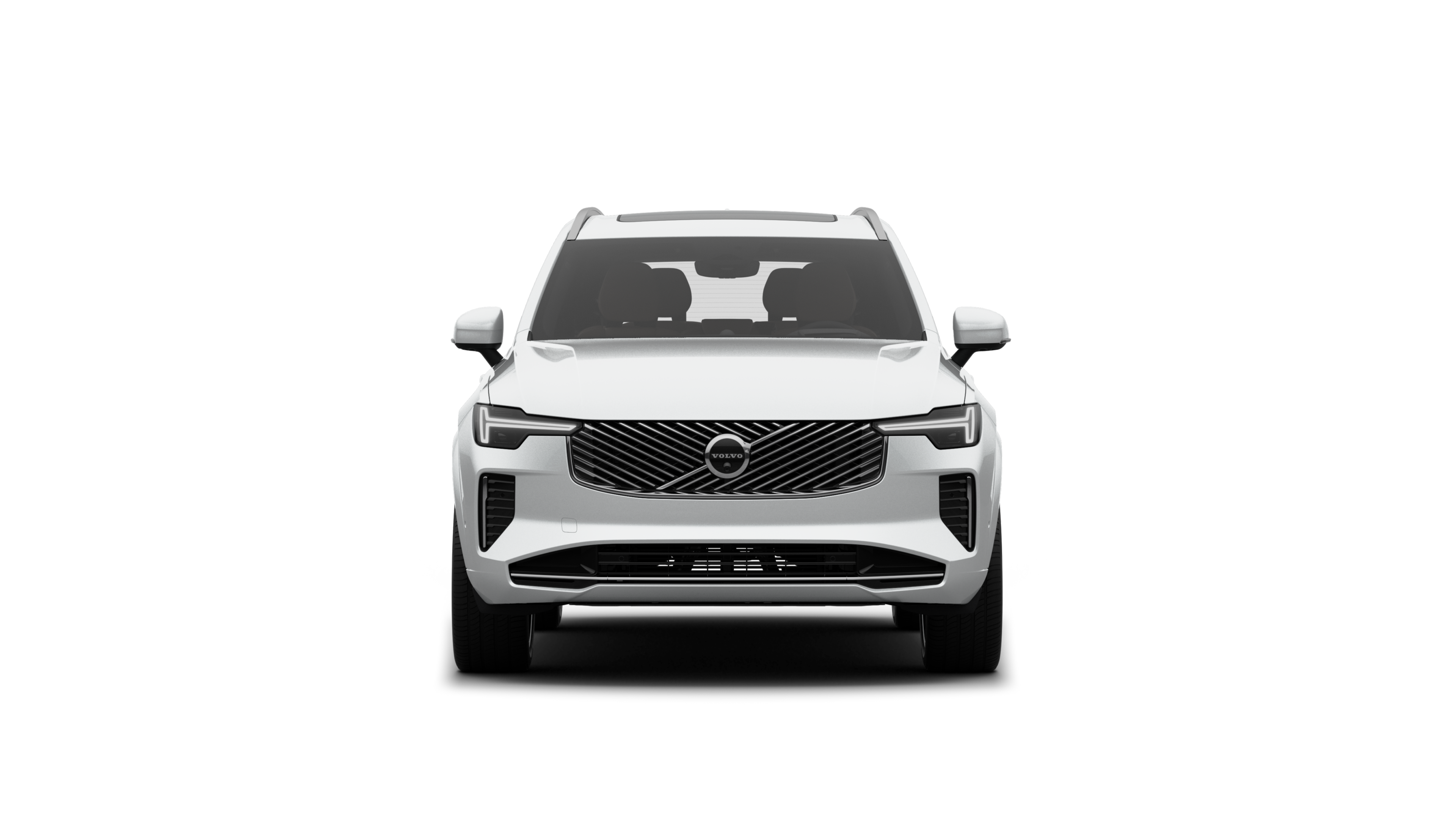 평범한 스튜디오 배경에 있는 볼보 자동차의 정면 모습.