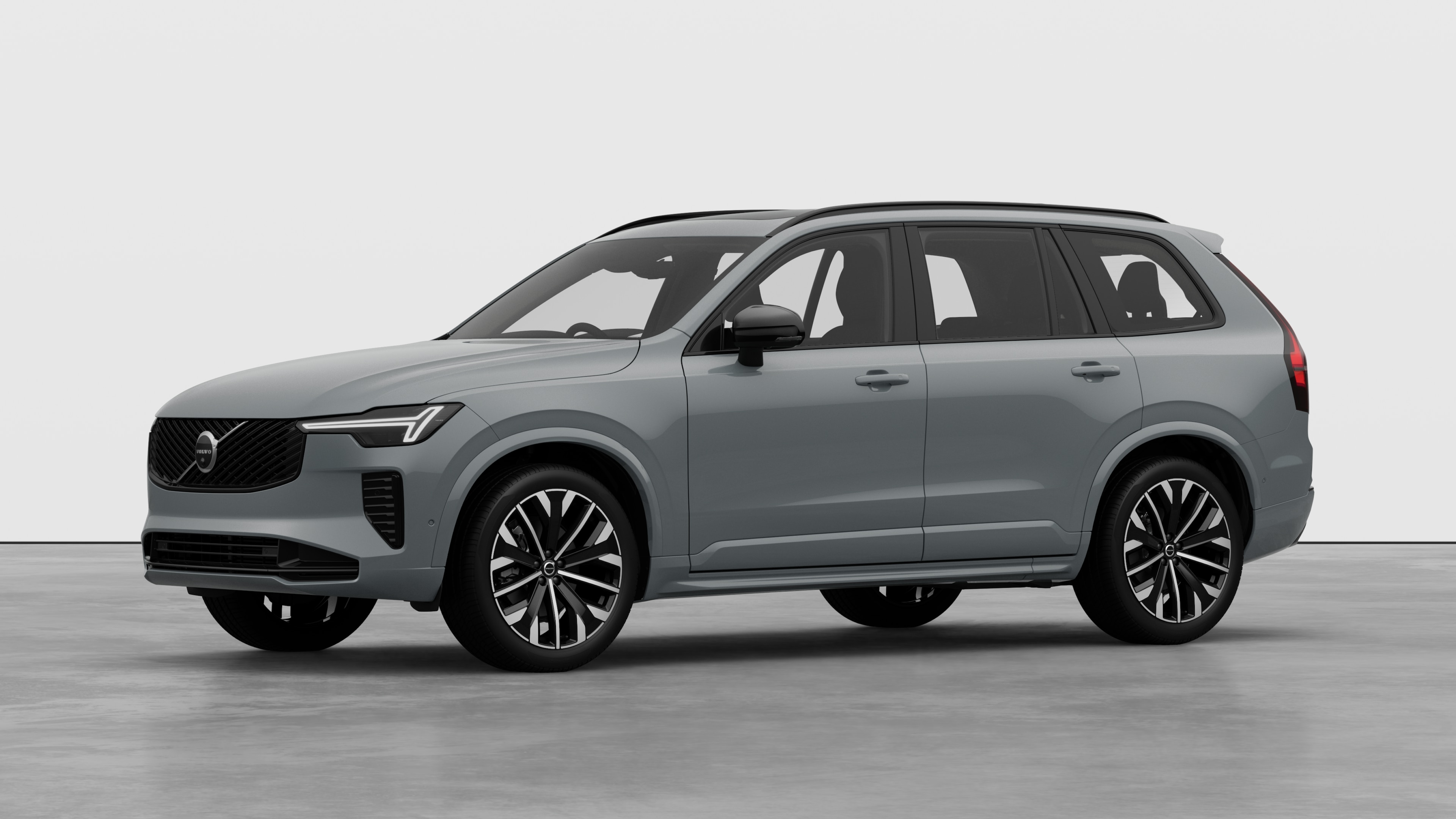 Volvo car exterior in three-quarter view, plain studio background.