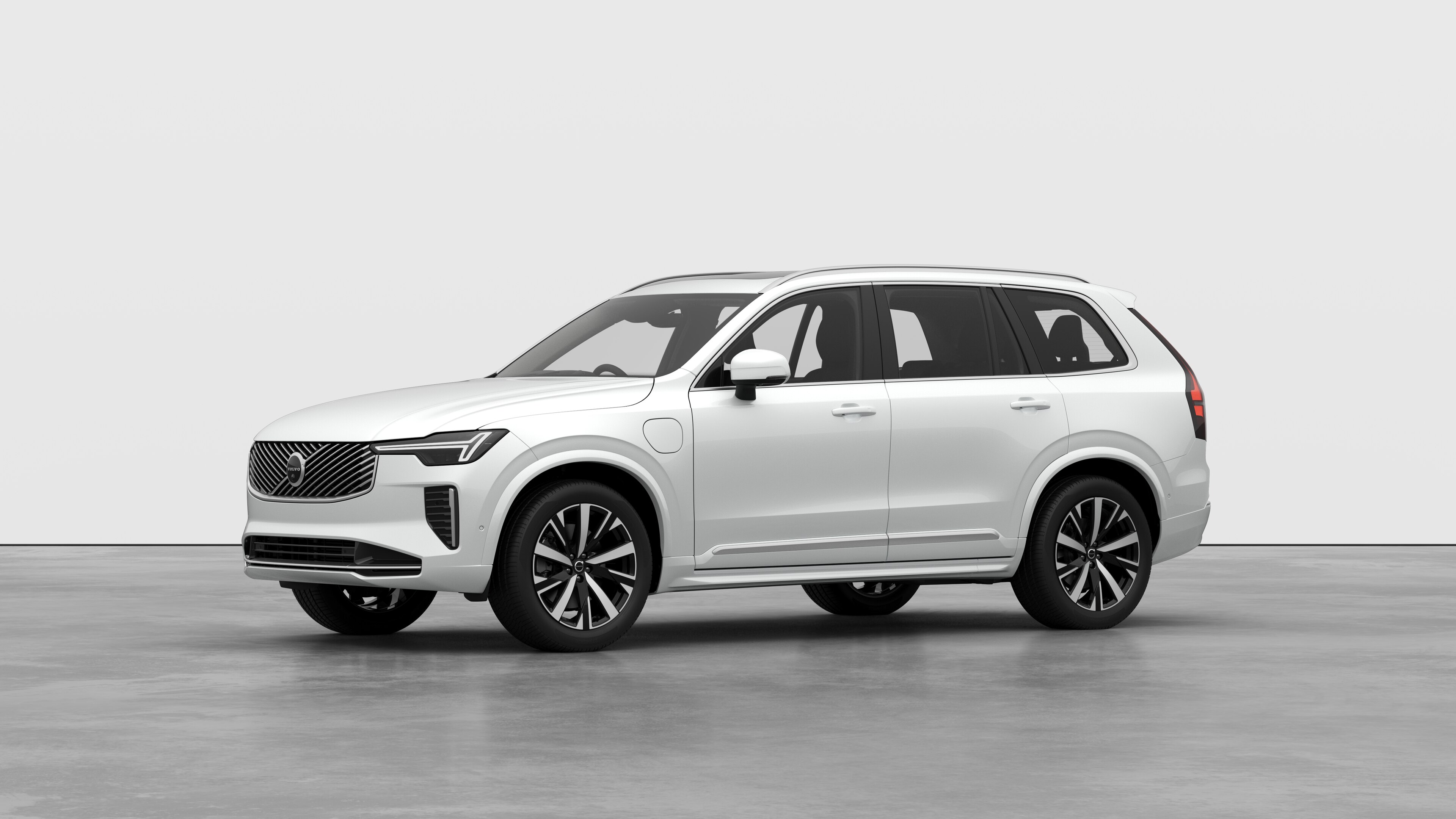 Volvo car exterior in three-quarter view, plain studio background.