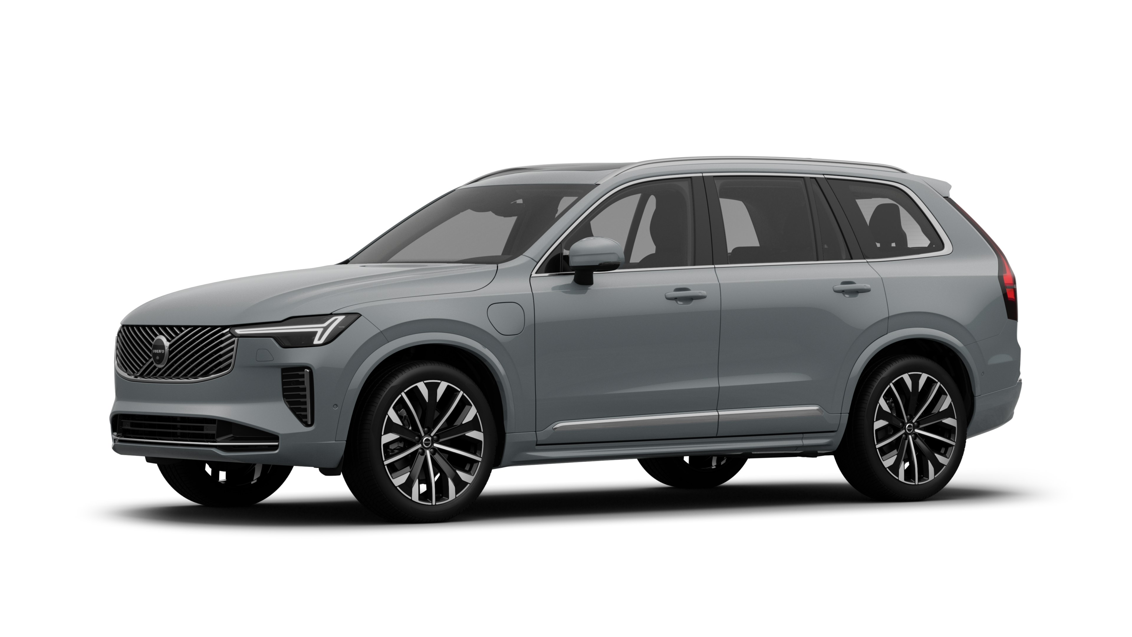 Üç çeyrek görünümde Volvo otomobilin dış görünümü, düz stüdyo arka planı.