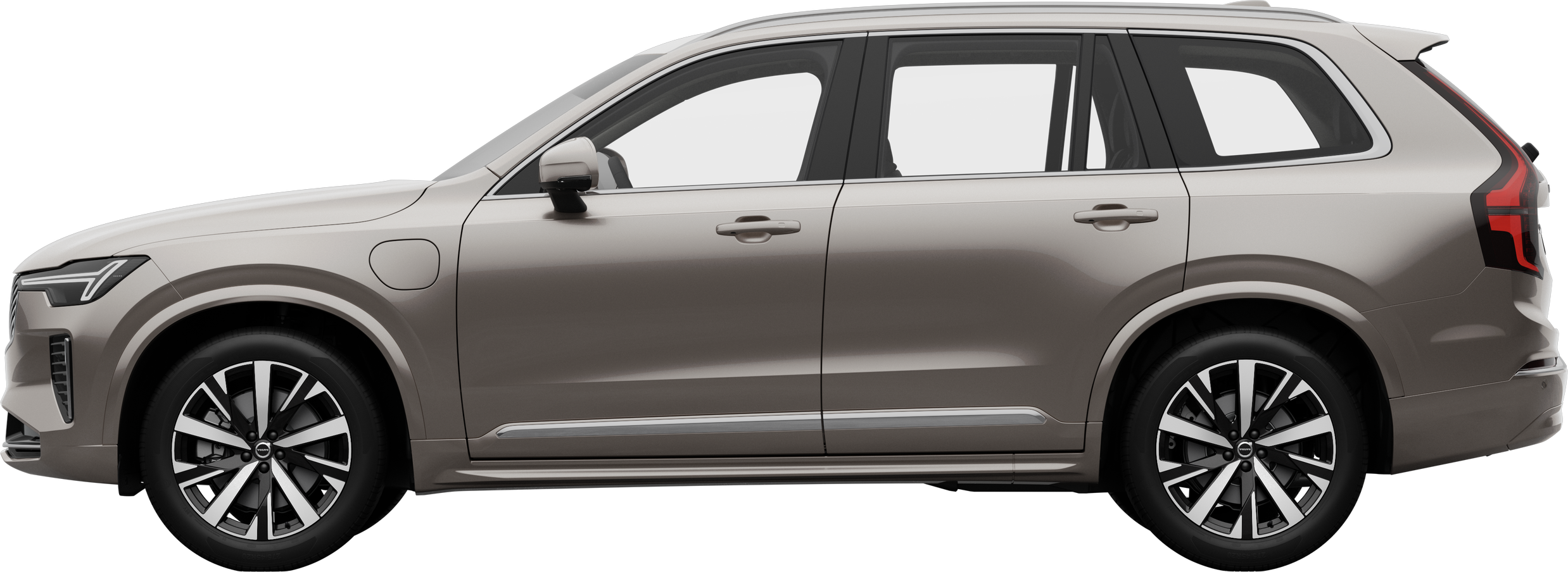 Vista lateral de un vehículo Volvo estacionado sobre un fondo de estudio liso, que muestra el elegante perfil y el diseño general del vehículo.