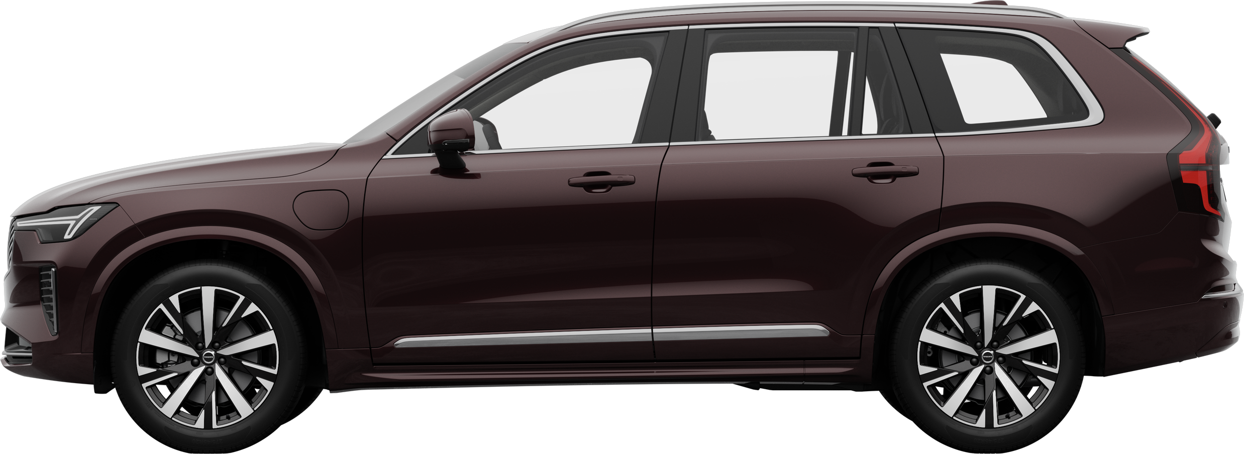 Side view of a Volvo car parked against a plain studio background, showcasing the vehicle's overall sleek profile and design.