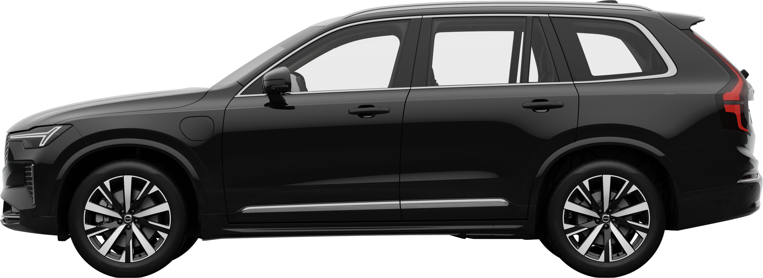 Vista lateral de un vehículo Volvo estacionado sobre un fondo de estudio liso, que muestra el elegante perfil y el diseño general del vehículo.