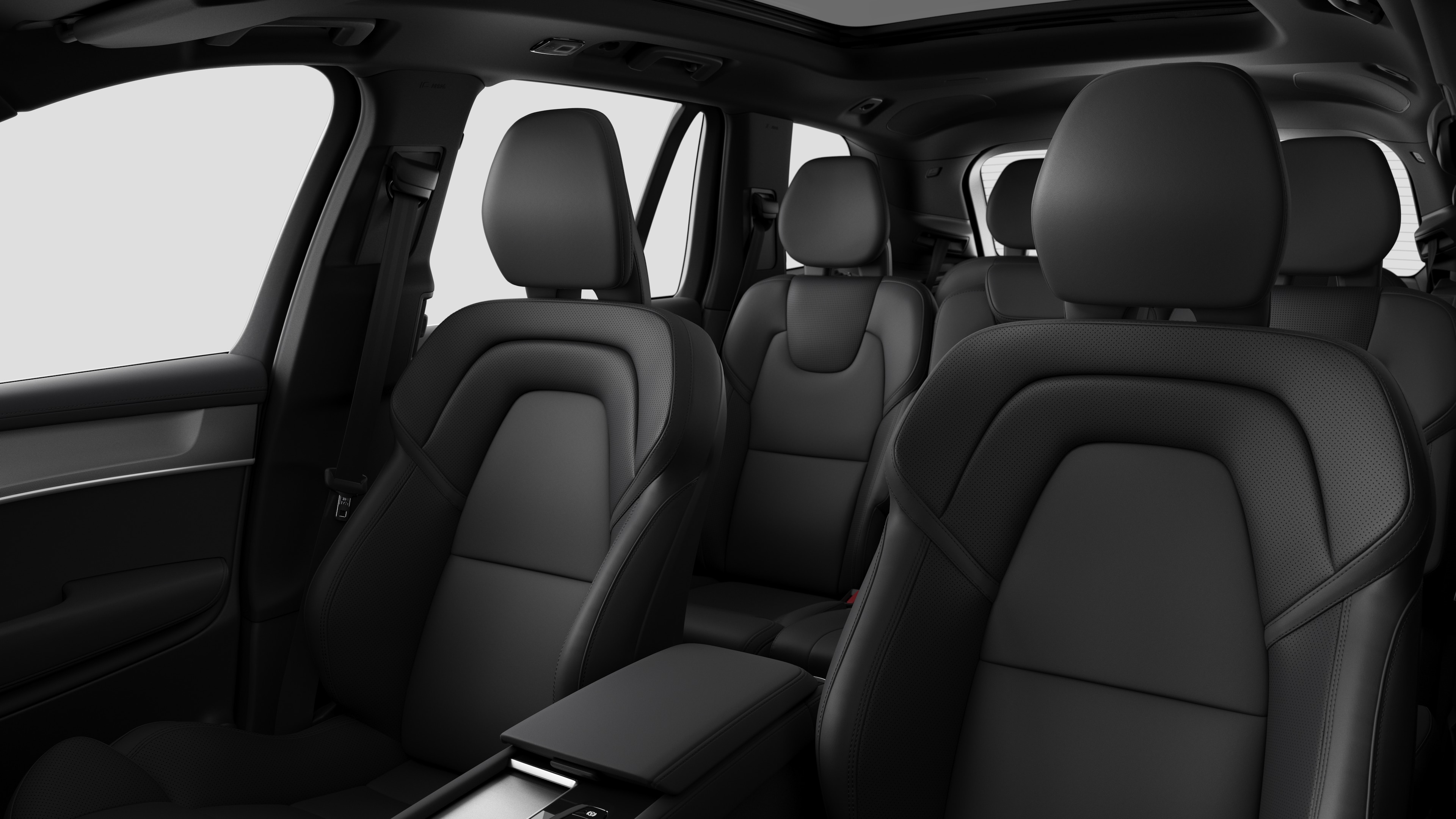 Volvo-bilinteriør med passagersæder bagtil og midterkonsol i almindelig studiebaggrund.