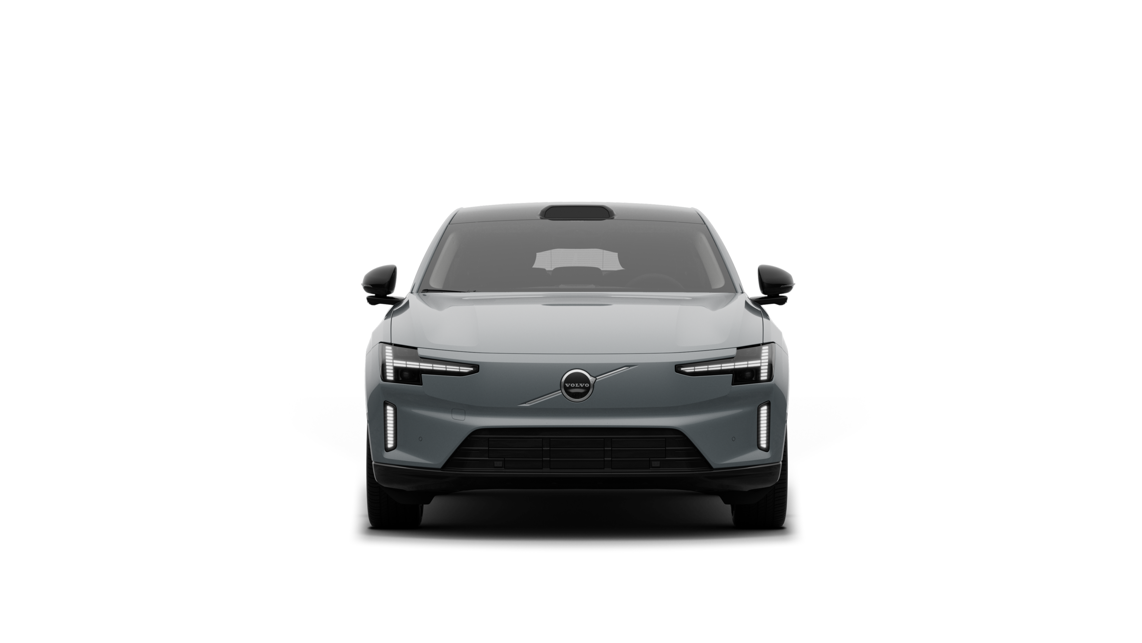 Vooraanzicht van een Volvo op een eenvoudige studioachtergrond.