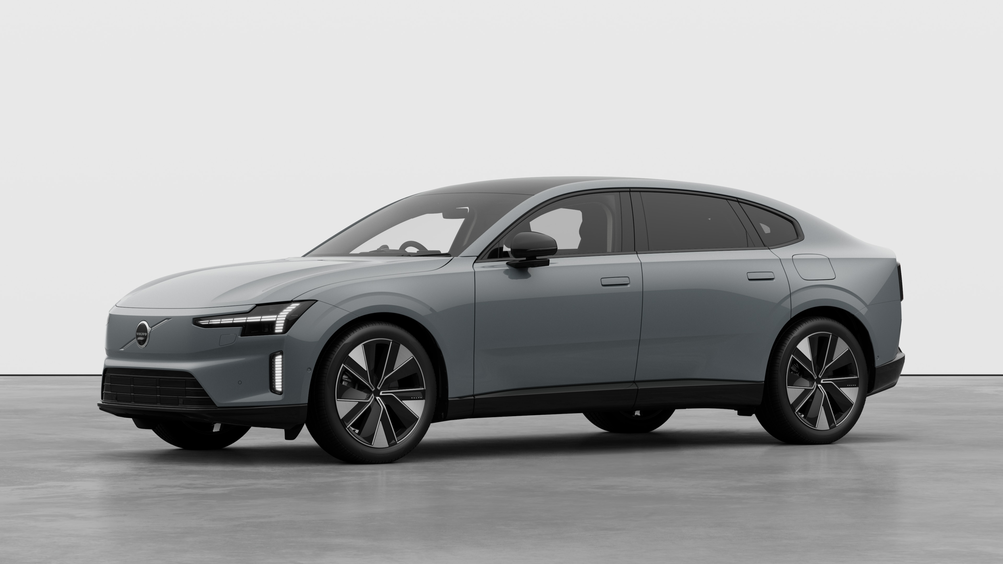 Volvo car exterior in three-quarter view, plain studio background.