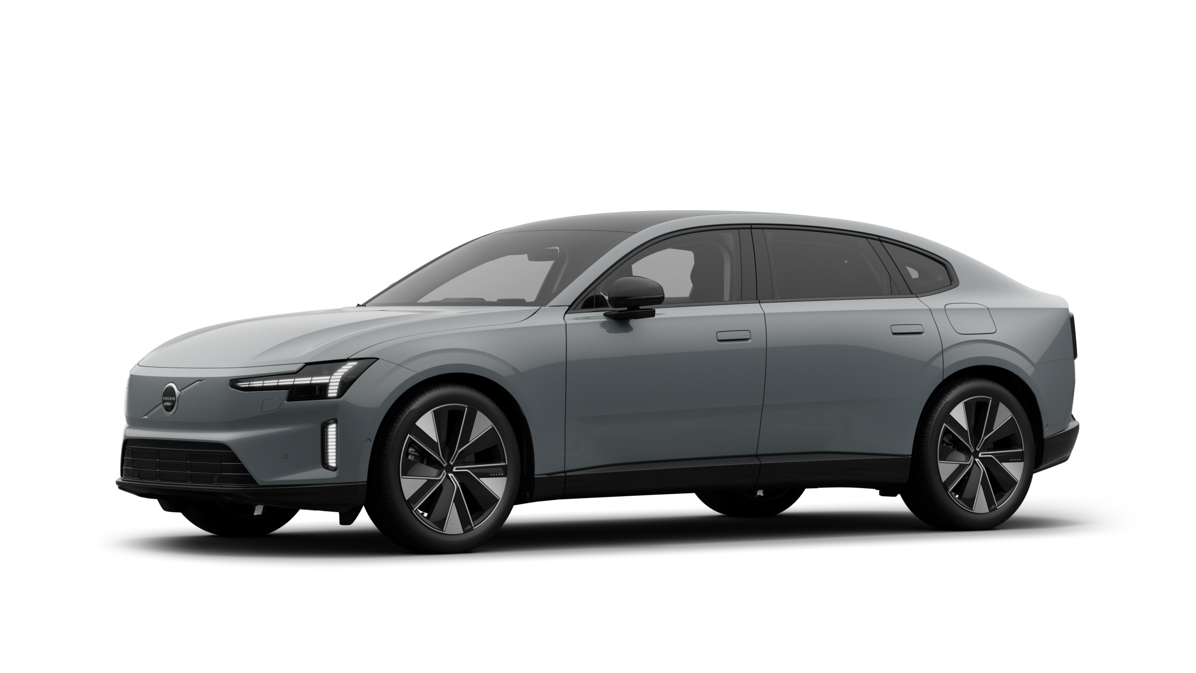 Volvobilens exteriör i trekvartsvy, vanlig studiobakgrund.