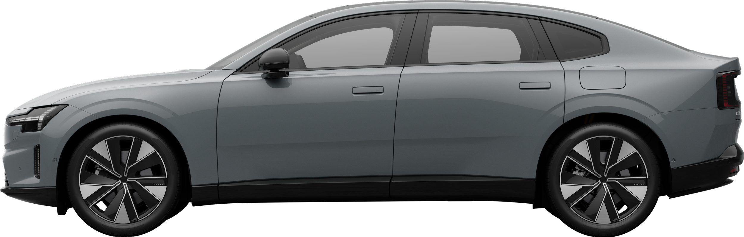 Vue latérale d’une voiture Volvo garée sur un fond de studio uni, mettant en valeur le profil et le design épurés du véhicule.