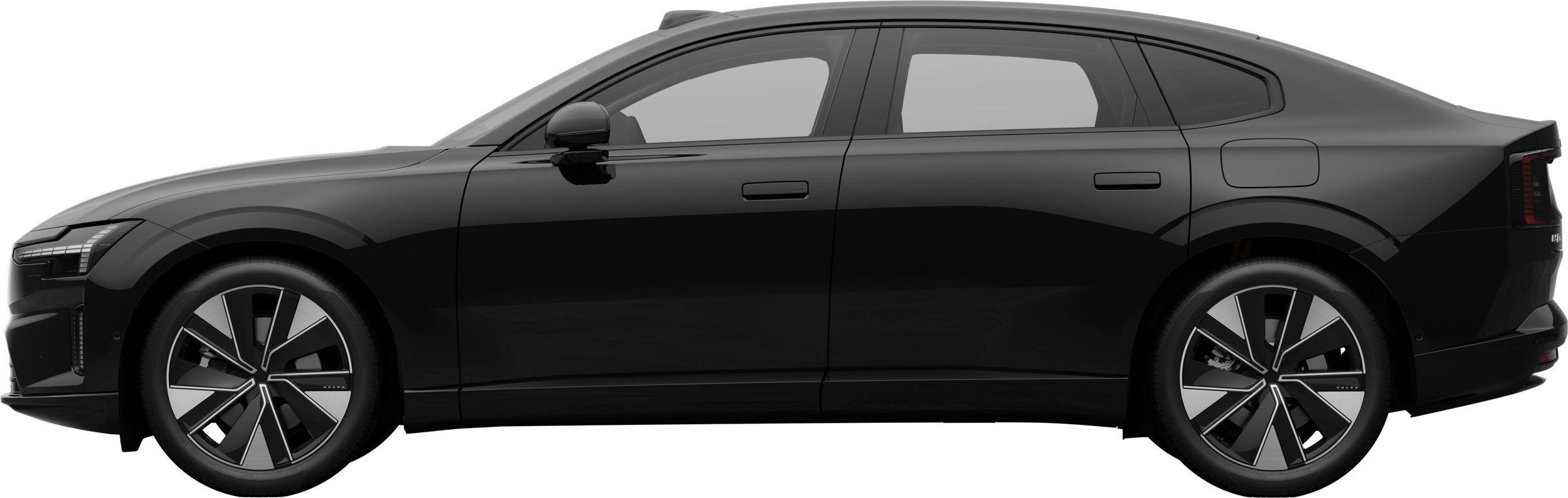Side view of a Volvo car parked against a plain studio background, showcasing the vehicle's overall sleek profile and design.