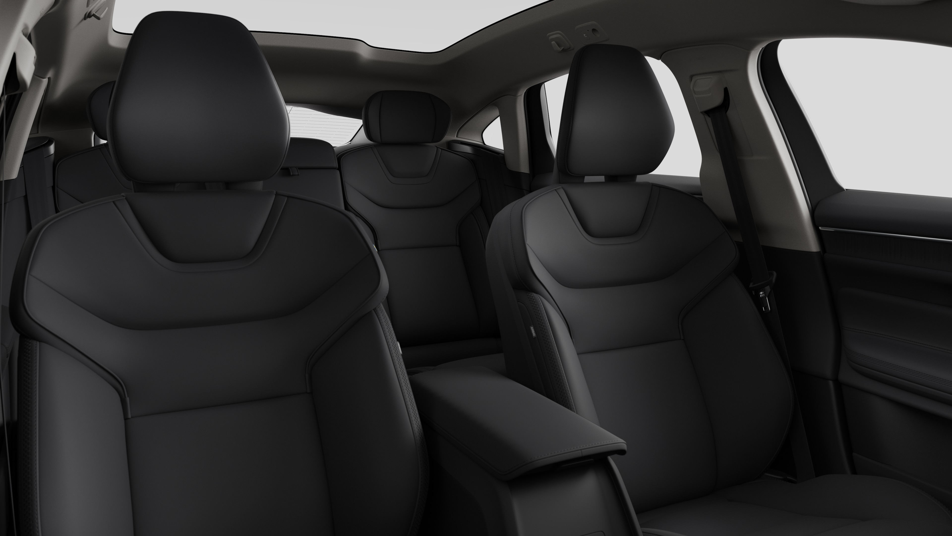 Volvo car interior showing rear passenger seats and center console in plain studio background.