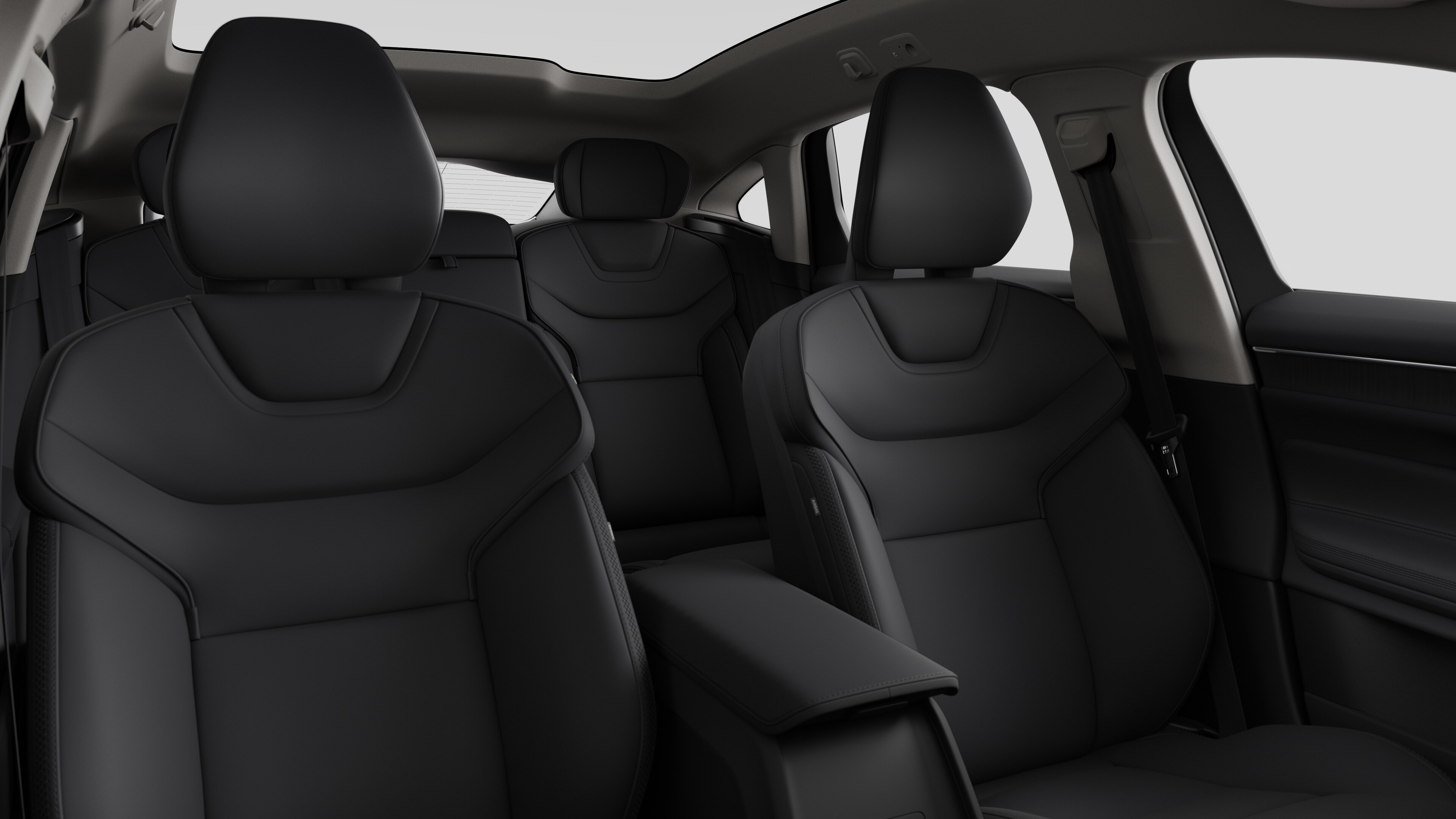 Volvo car interior showing rear passenger seats and center console in plain studio background.