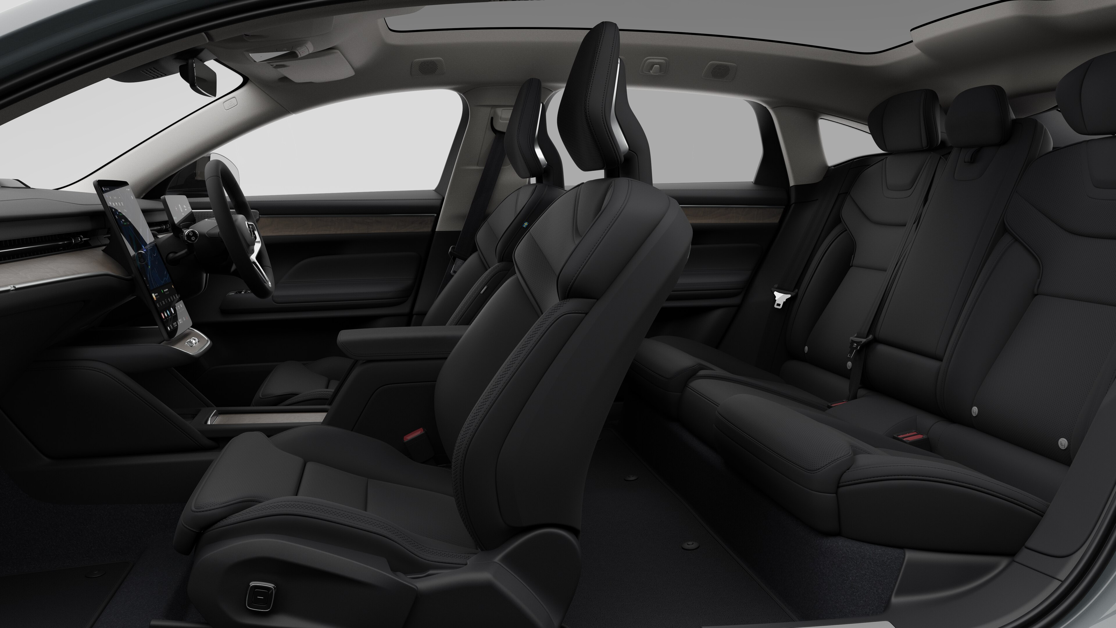 Volvo car interior side view showcasing front seats, rear passenger seats, steering wheel, dashboard, and center console, set against plain studio background.