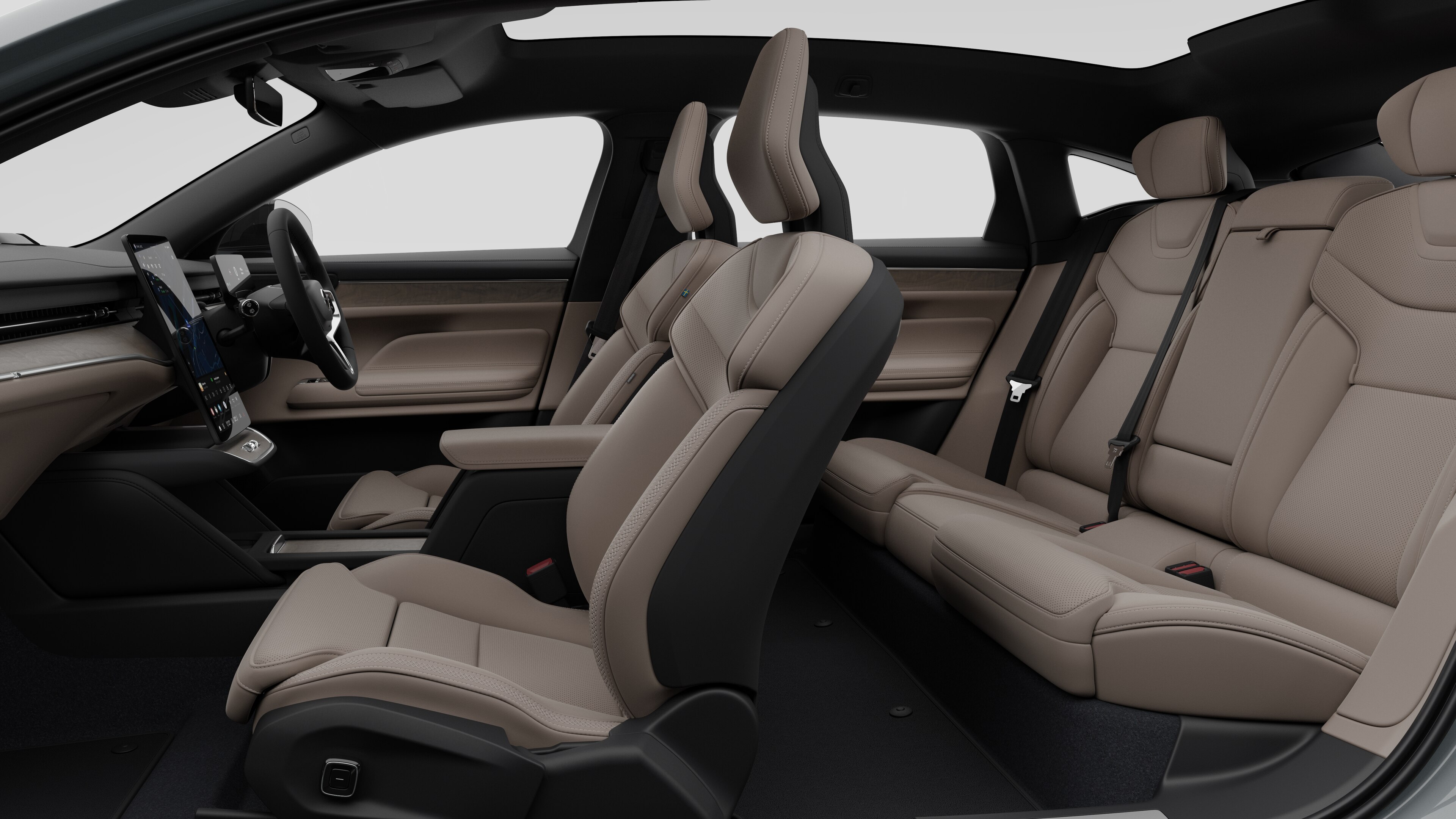 Volvo car interior side view showcasing front seats, rear passenger seats, steering wheel, dashboard, and center console, set against plain studio background.