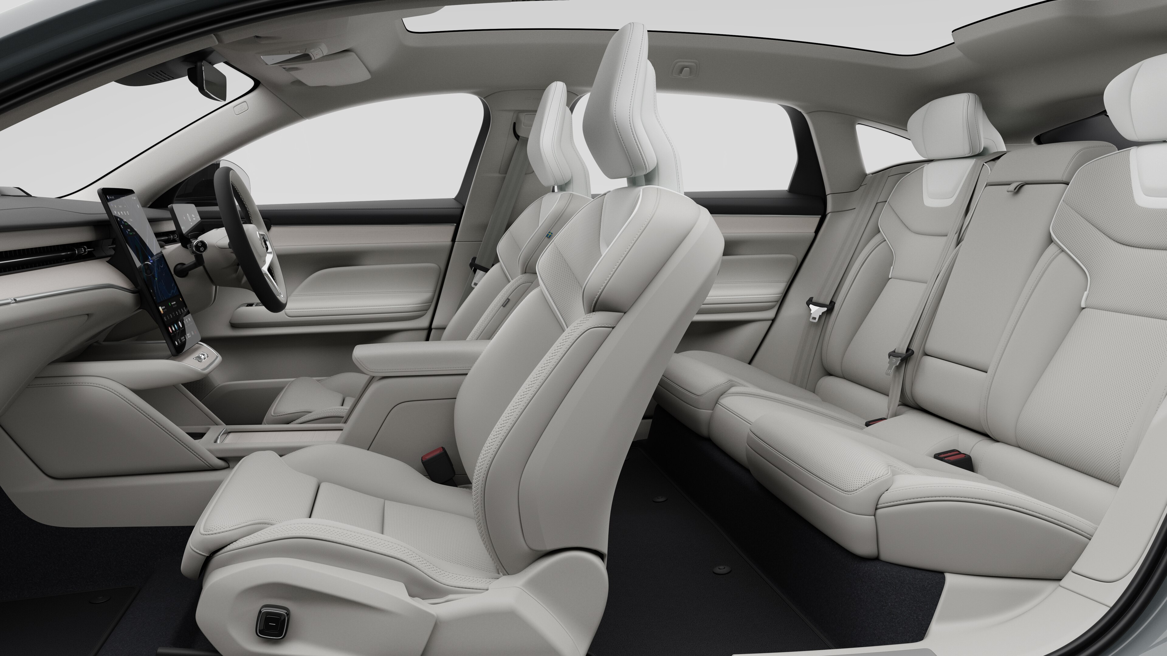 Volvo car interior side view showcasing front seats, rear passenger seats, steering wheel, dashboard, and center console, set against plain studio background.